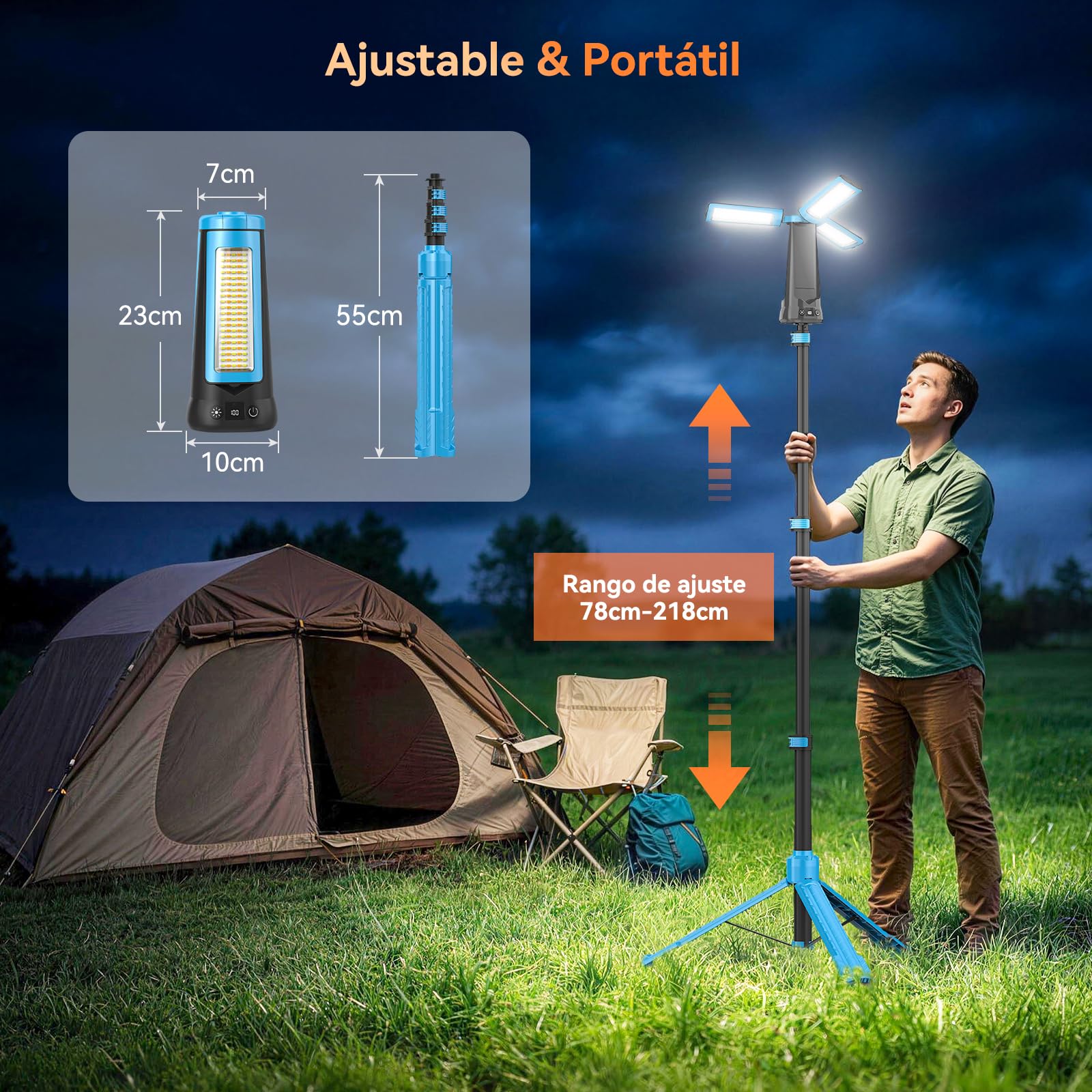 12000 mAh Foco LED Recargable con Trípode, 5000 LM Foco LED Exterior Batería, Luz Recargable Portátil Regulable & 5 Modos, Lámpara de Trabajo Ajustable para Construcción Taller Camping (Azul)