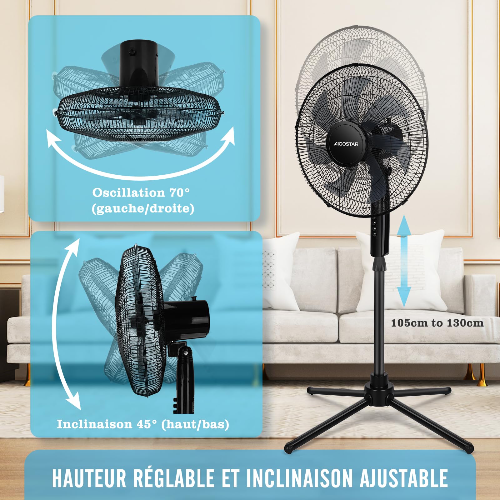 Aigostar Ventilateur sur pied, 7 Pales, 3 Vitesses, Puissant, Silencieux et Stable, 50W, Grille Sécurisée, VDE, Noir