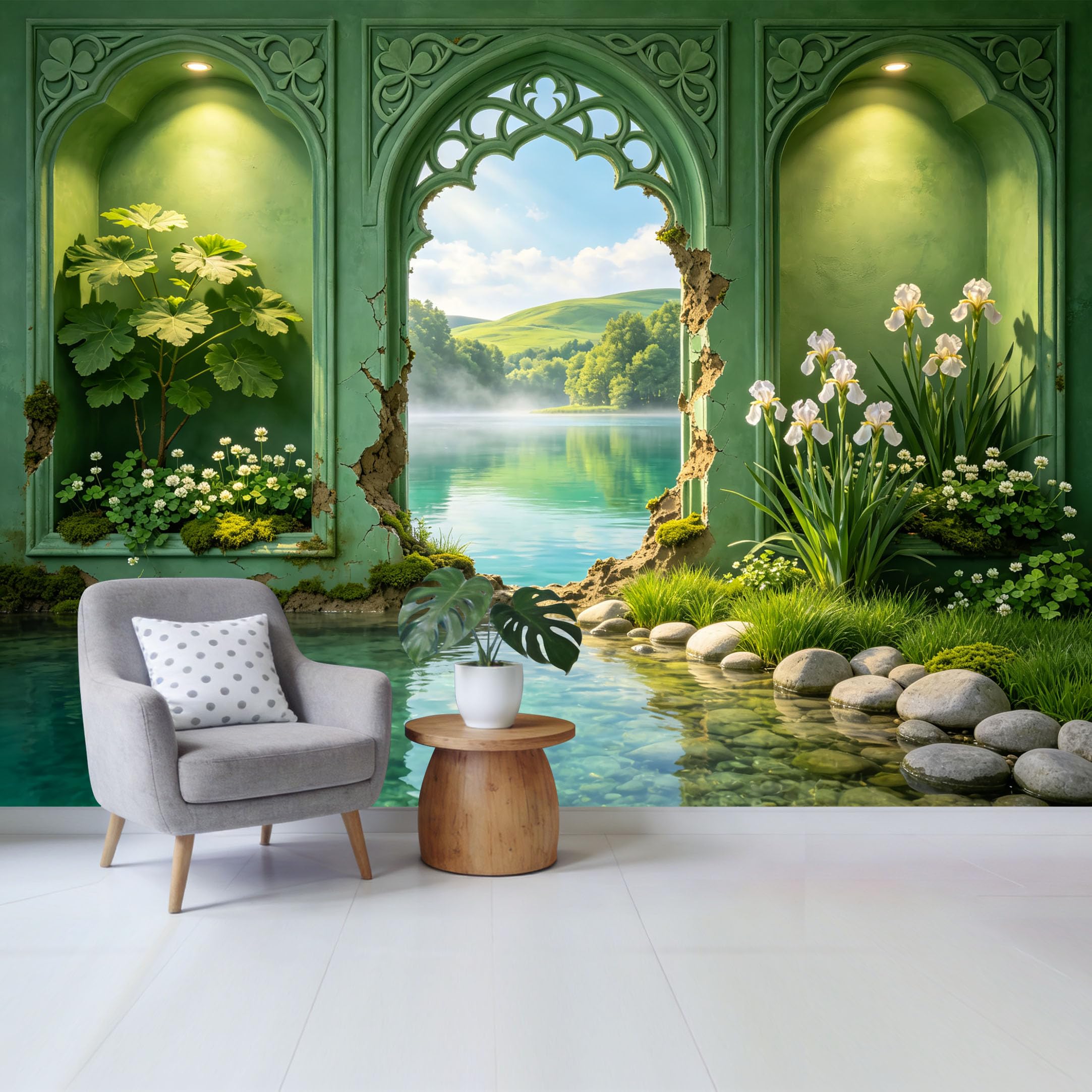 Custom Size Wall Mural Botanical Archway Lake View Green Garden Landscape Removable Self Adhesive Fabric Home Wall Decor for Living Room Bedroom Bathroom