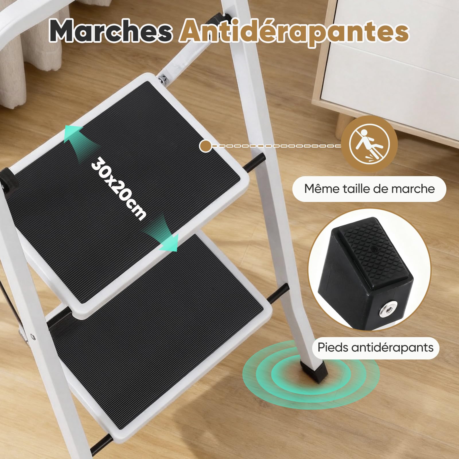 Sekey Escabeau 2 Marches Pliable, Petit Escabeau Pliable Compact, Marchepied Escamotable en Acier Sécurisé, Antidérapant pour Usage Domestique, Certifié SGS EN14183, Charge Maximale 150 kg