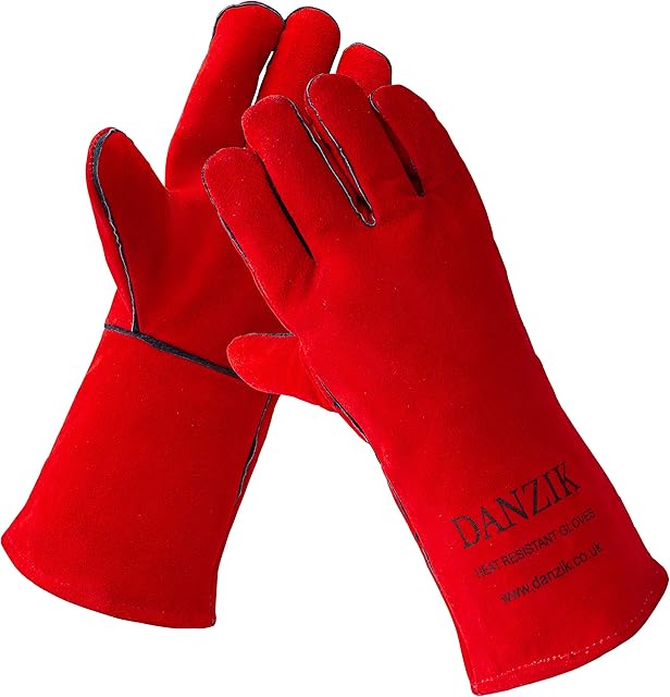 DANZIK Welding Gloves  Professional MIG Welder Gloves for Grinding, Barbecue, Oven, Baking  Genuine Cow Leather Work Gloves  Heavy-Duty Protective Gloves  14-inch Gauntlet  Red