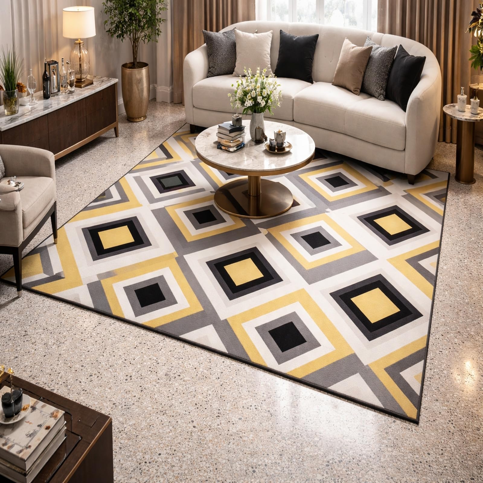 Alfombra para entrada y pasillo que llena de luz el salón con su diseño geométrico amarillo suave