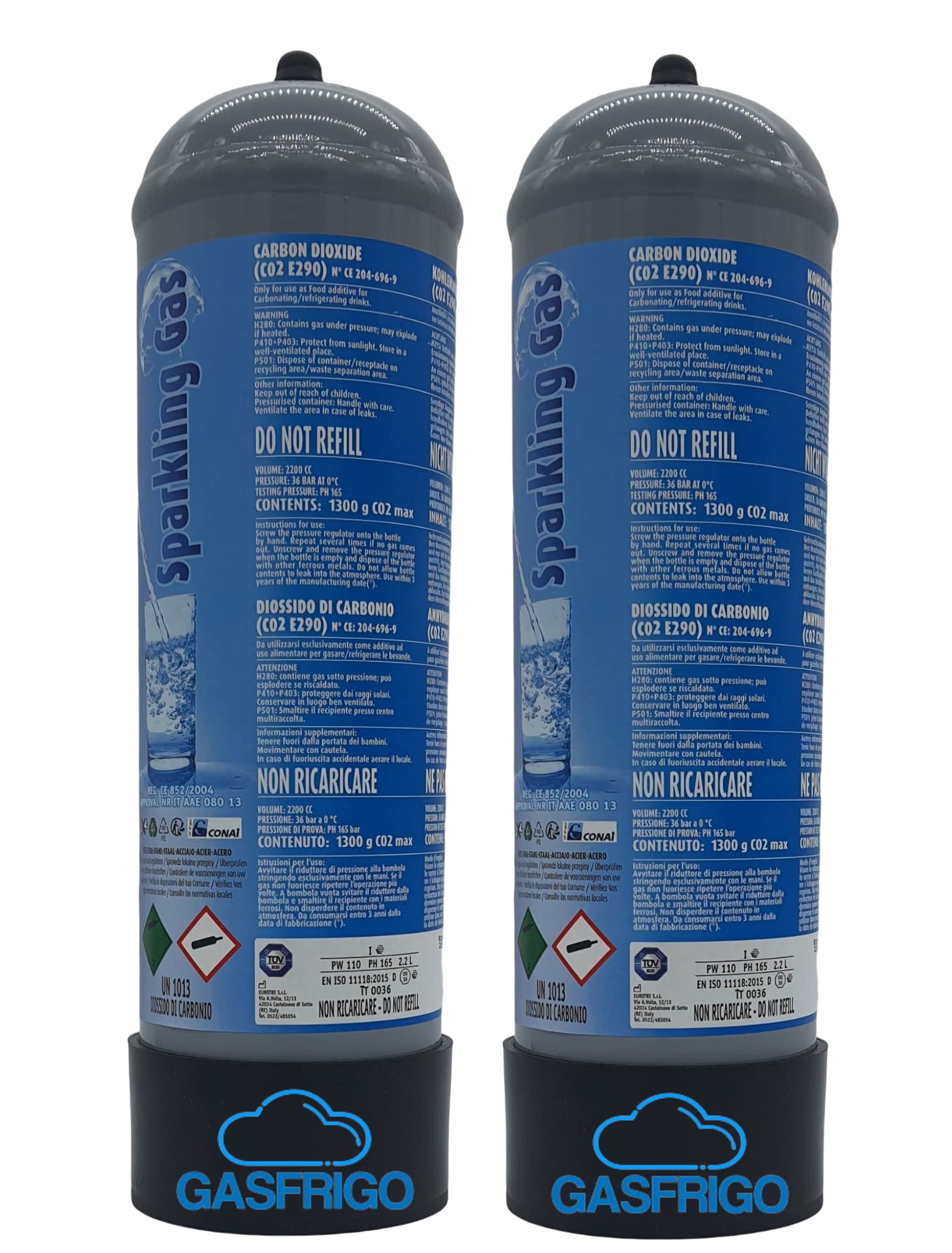 GASFRIGO® - N° 2 bombole CO2 monouso da 1300 gr. con supporto in plastica attacco M11x1 per erogatori acqua frizzante MADE IN ITALY