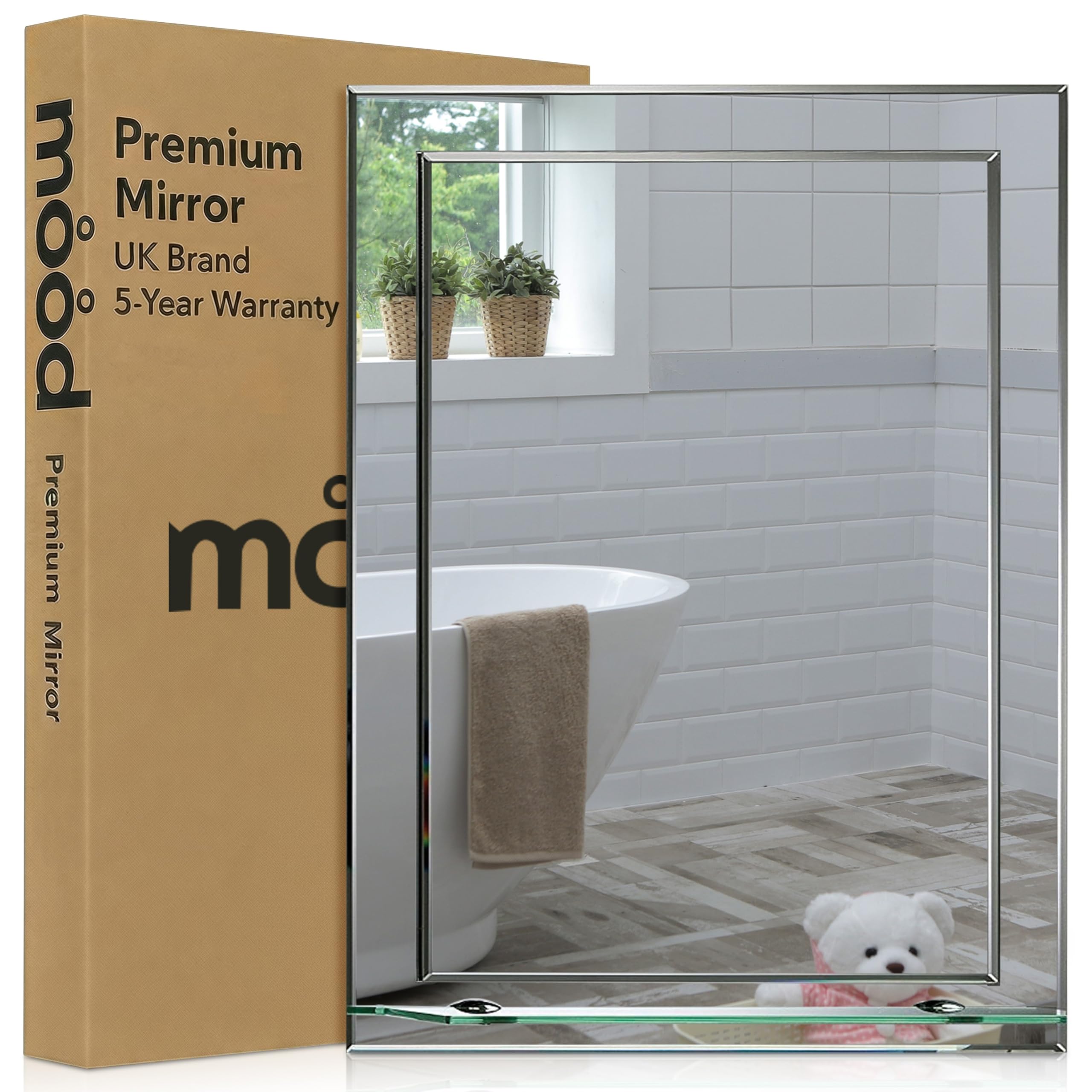 Neue Design Silver Mood® Premium Rectangular Bathroom Mirror With Shelf, Anti-Rust Wall Mounted Bevelled Frameless Mirrors, Double Layer Of Glass, Toilet Bedroom Hallway, (50Cm X 40Cm)