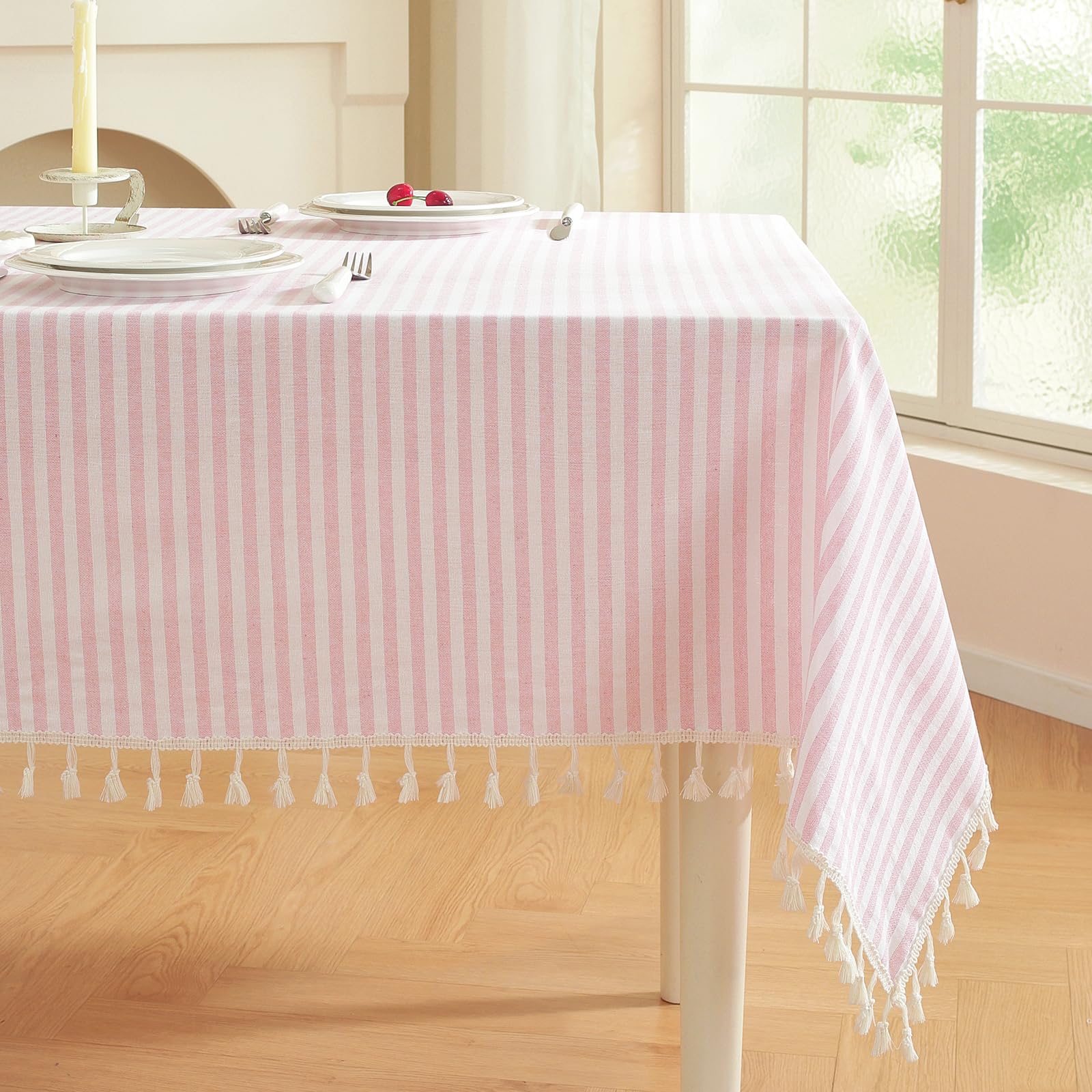 meioro Tablecloths Striped Tassel Table Cloth Rectangular Tablecloth Cotton Linen Table Cover Suitable for Home Kitchen Decoration (Pink/White Stripes, 90×90cm) — image 1