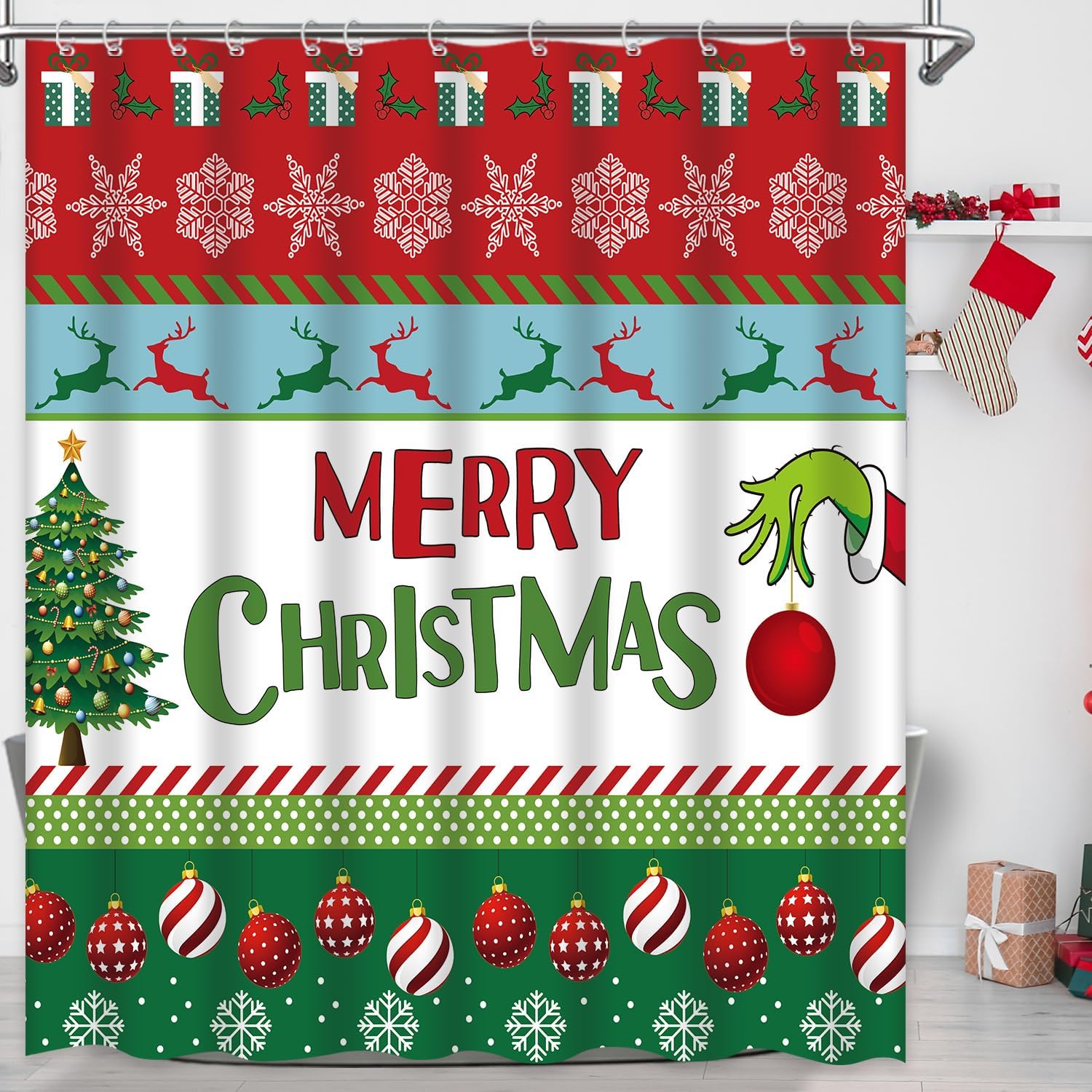 Thinyfull Christmas Grinch Shower Curtain Red Xmas