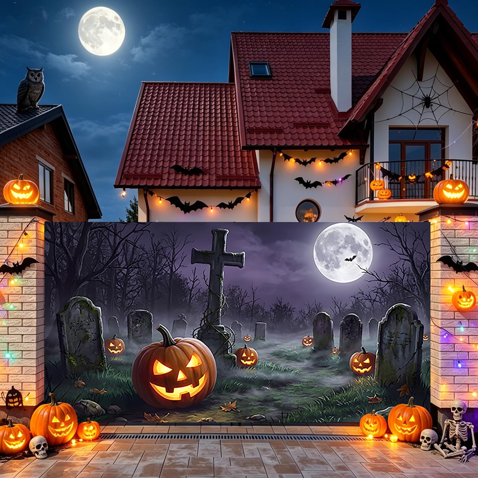 Halloween horror dekoracja domu, na imprezę, tło zewnętrzne