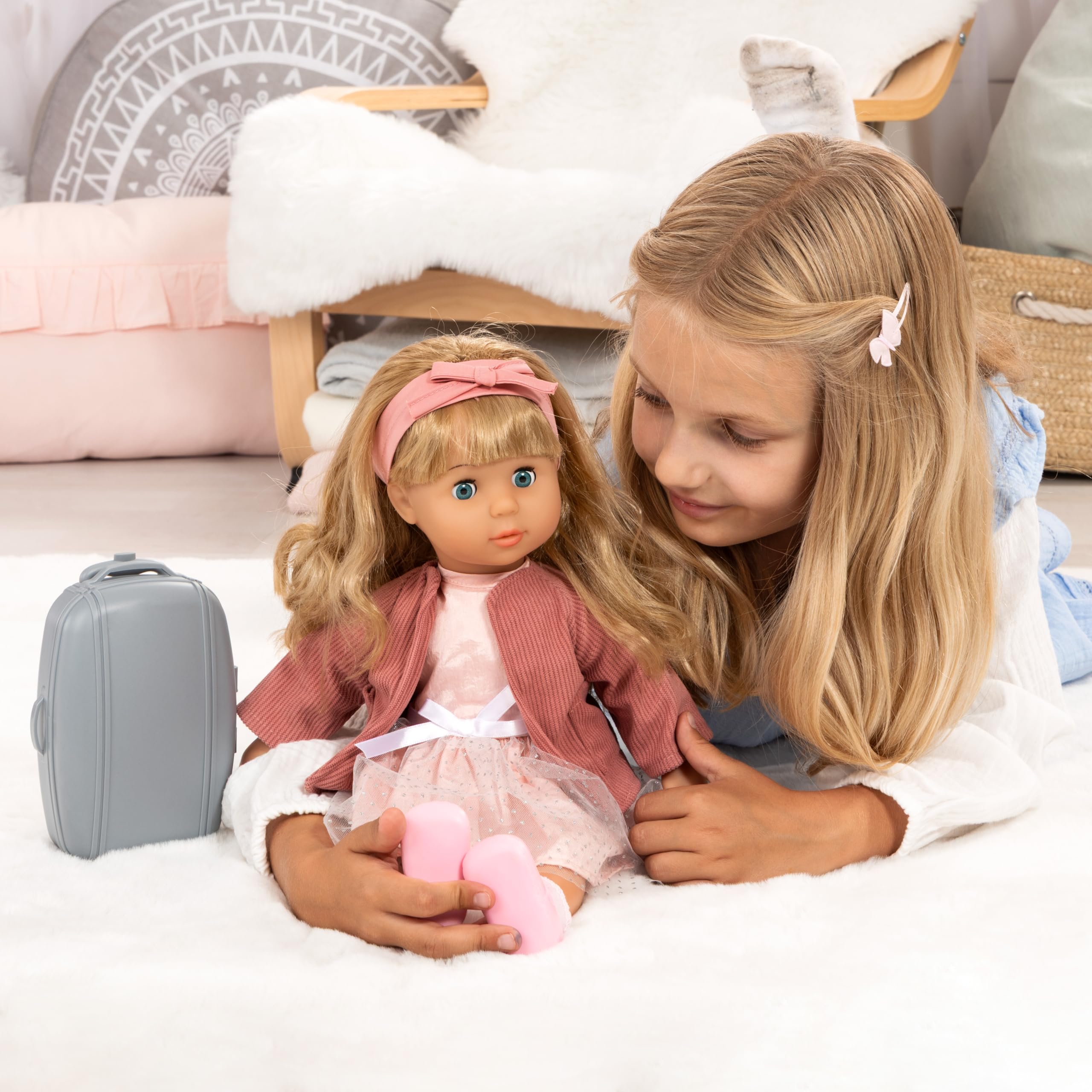 Bayer Design Charlene muñeca interactiva con Pelo, ríe, con Sonido de Beso | muñeca funcional, cuerpo blando, ojos dormidos, accesorios, 46 cm