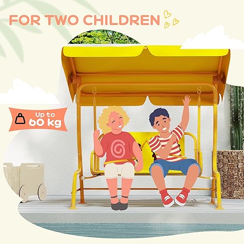 Miniatura 6 de Qaba Columpio de patio para niños, 2 plazas para porche al aire libre con toldo ajustable, cinturón de seguridad, banco colgante con patrón de león
