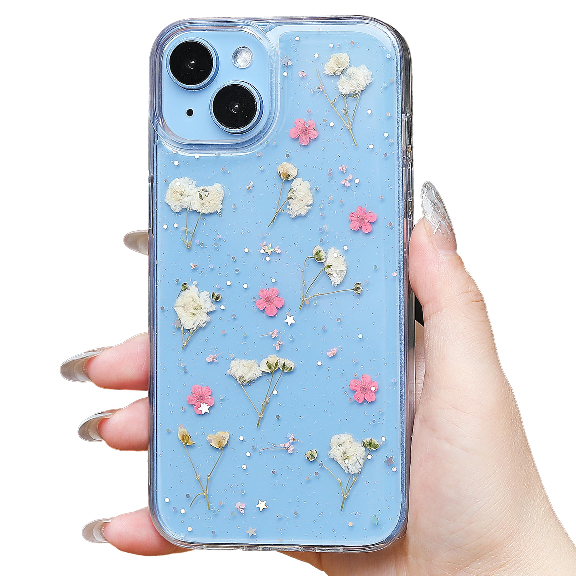 for iPhone 14 Plus Clear Case,Aesthetic Floral Phone Case with Pressed Real Flowers Design,Glitter Cute Floral Pattern Women's Phone Case Slim Soft