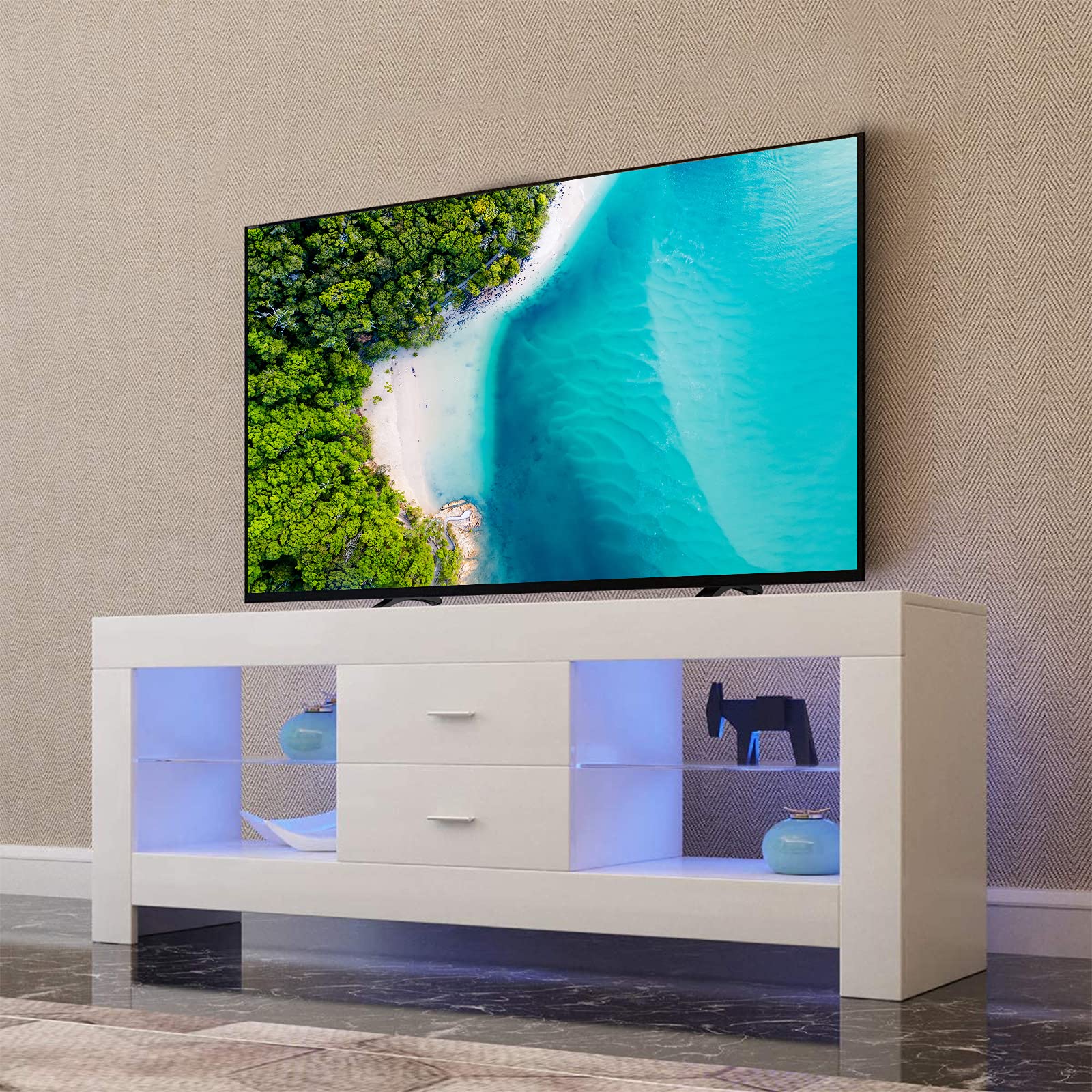 Dripex Mobile Porta TV con Luci LED, Mobile TV in Legno Moderno Design, Mobili per TV Cabinet Soggiorno Bianco Lucido 130 x 35 x 50 cm