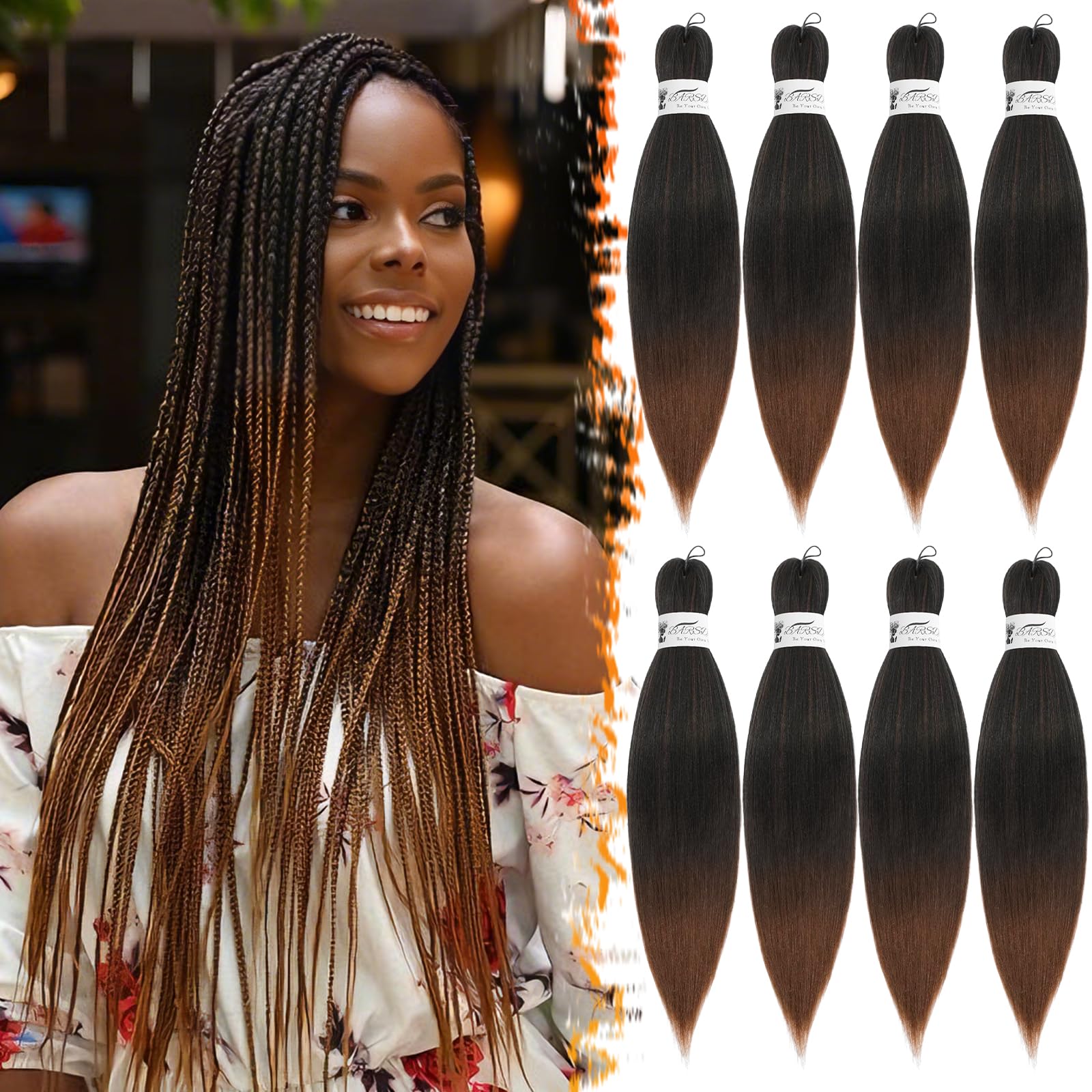 BARSDAR Pre Stretched Braiding Hair, 26 Inch, 8 Packs, Ombre Auburn, Yaki Texture, Hot Water Setting, Professional Synthetic