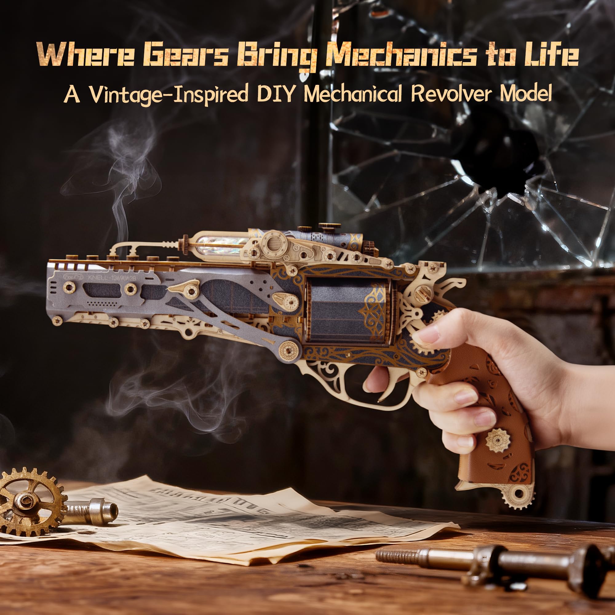 FUNPOLA Puzzle 3D en Bois Revolver Steampunk – Kit d’Assemblage DIY Revolver mécanique, Cadeau créatif et Unique pour Adultes et Adolescents (Noir)