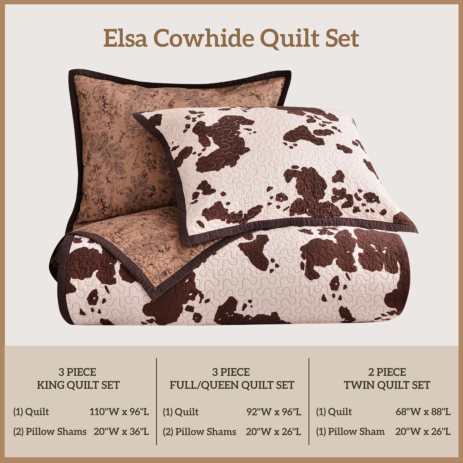 Paseo Road Elsa King Cotton Quilt Set, 3 Piece Western Bedding Set with Pillow Shams, Brown Cow Print Reversible Quilt, Soft Cozy Rustic Farmhouse Bedding, Lightweight Quilt, Southwestern Bedding - Image 8