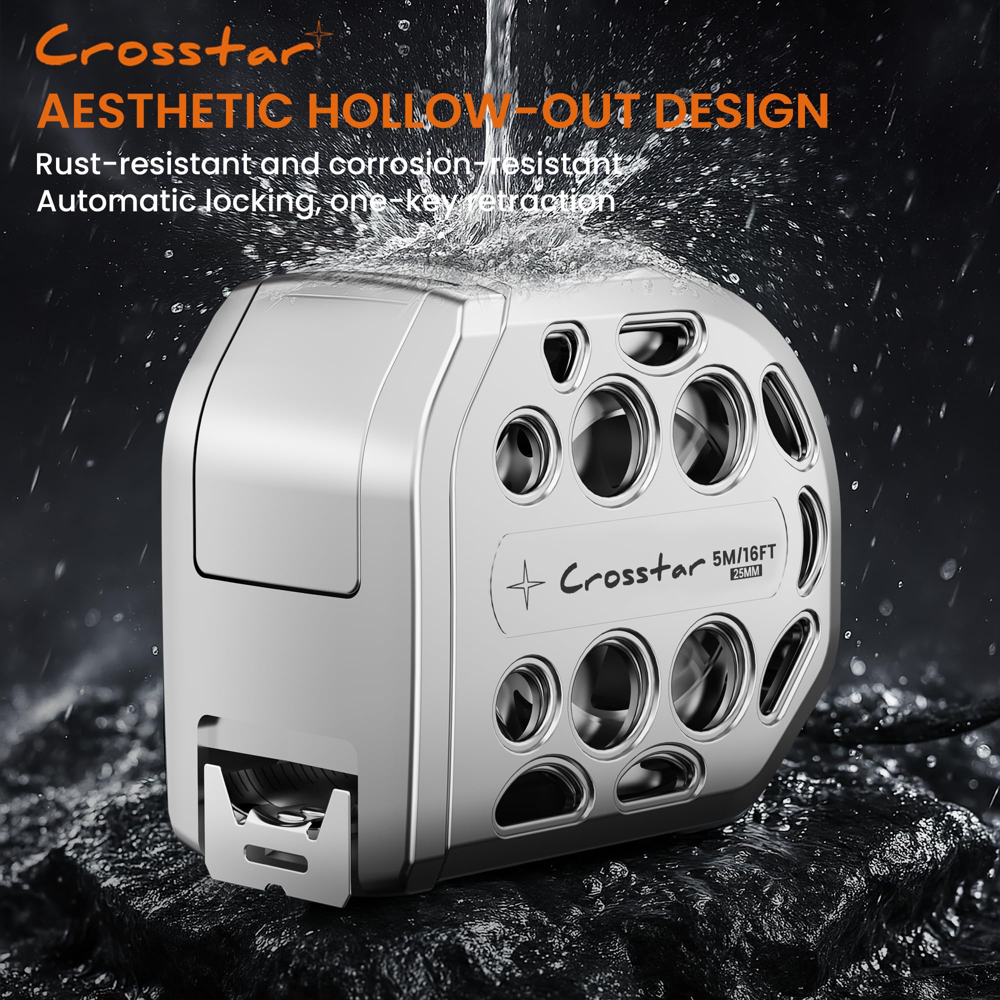 Crosstar Cinta métrica de acero inoxidable autoblocante de 16 pies con graduaciones de doble cara, cinta métrica retráctil impermeable, diseño hueco duradero, construcción fácil de limpiar para
