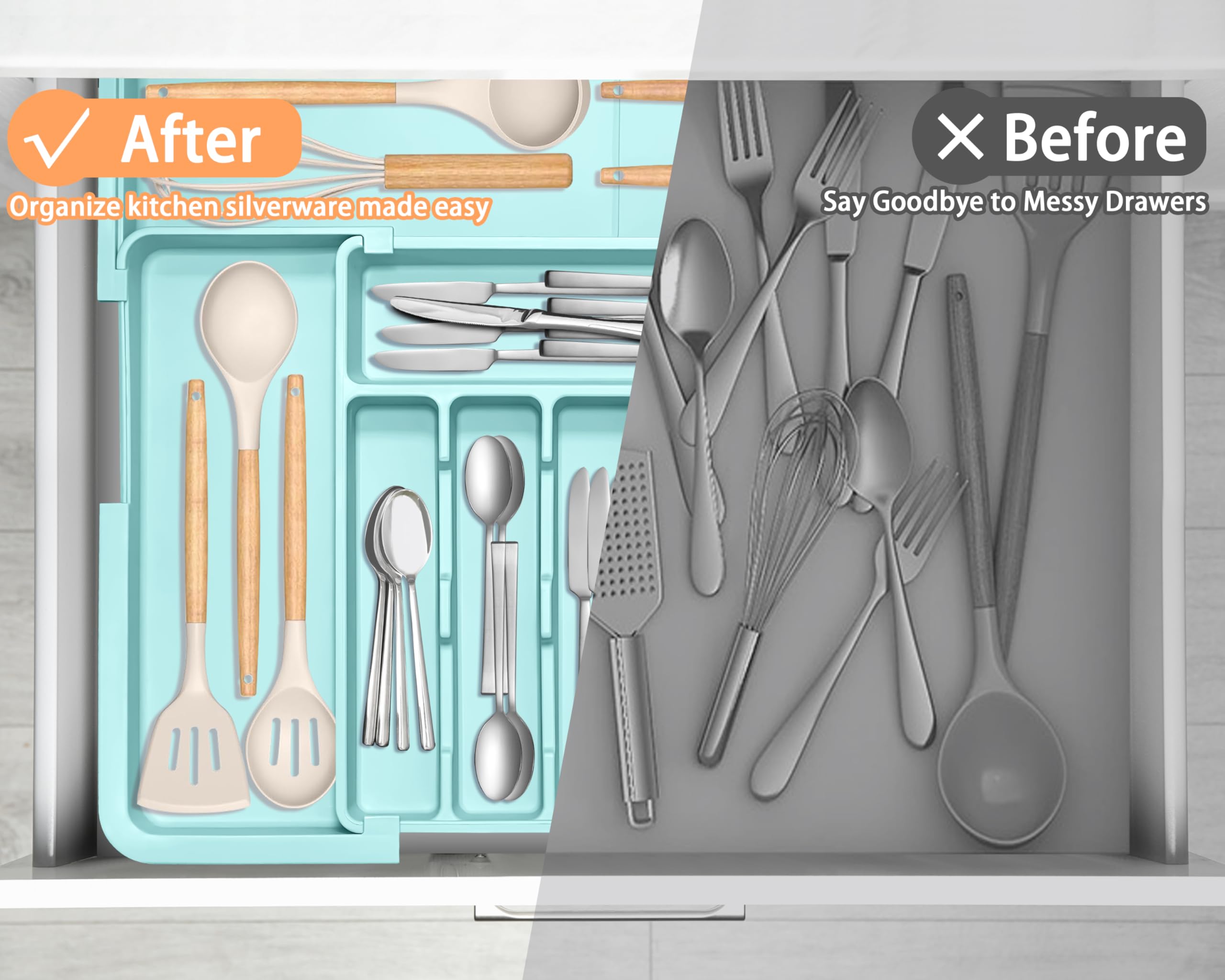 Organizador de cubiertos expandible para utensilios de cocina, organizador de cajones, grande, sin BPA, ajustable, bandeja de cubiertos para cucharas, tenedores, cuchillos, divisor de almacenamiento