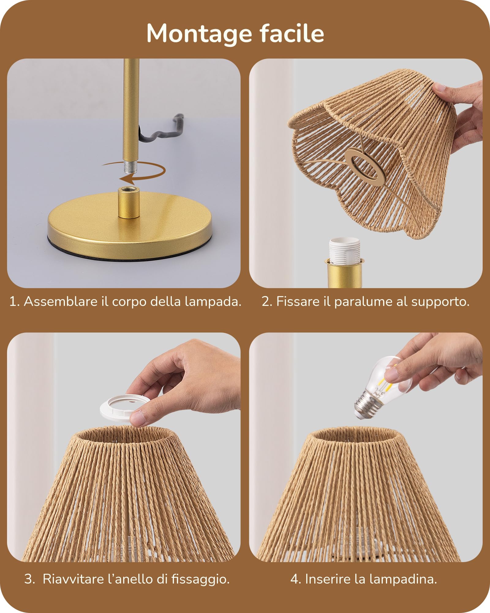 EDISHINE Lampada Tavolo E27, Paralume Corda Carta, Base Metallo Dorata | Bianco Caldo 2700 K, Paralume in Corda Carta Intrecciata a Mano, Lampadina LED Inclusa, Decorativo per Camera, Soggiorno