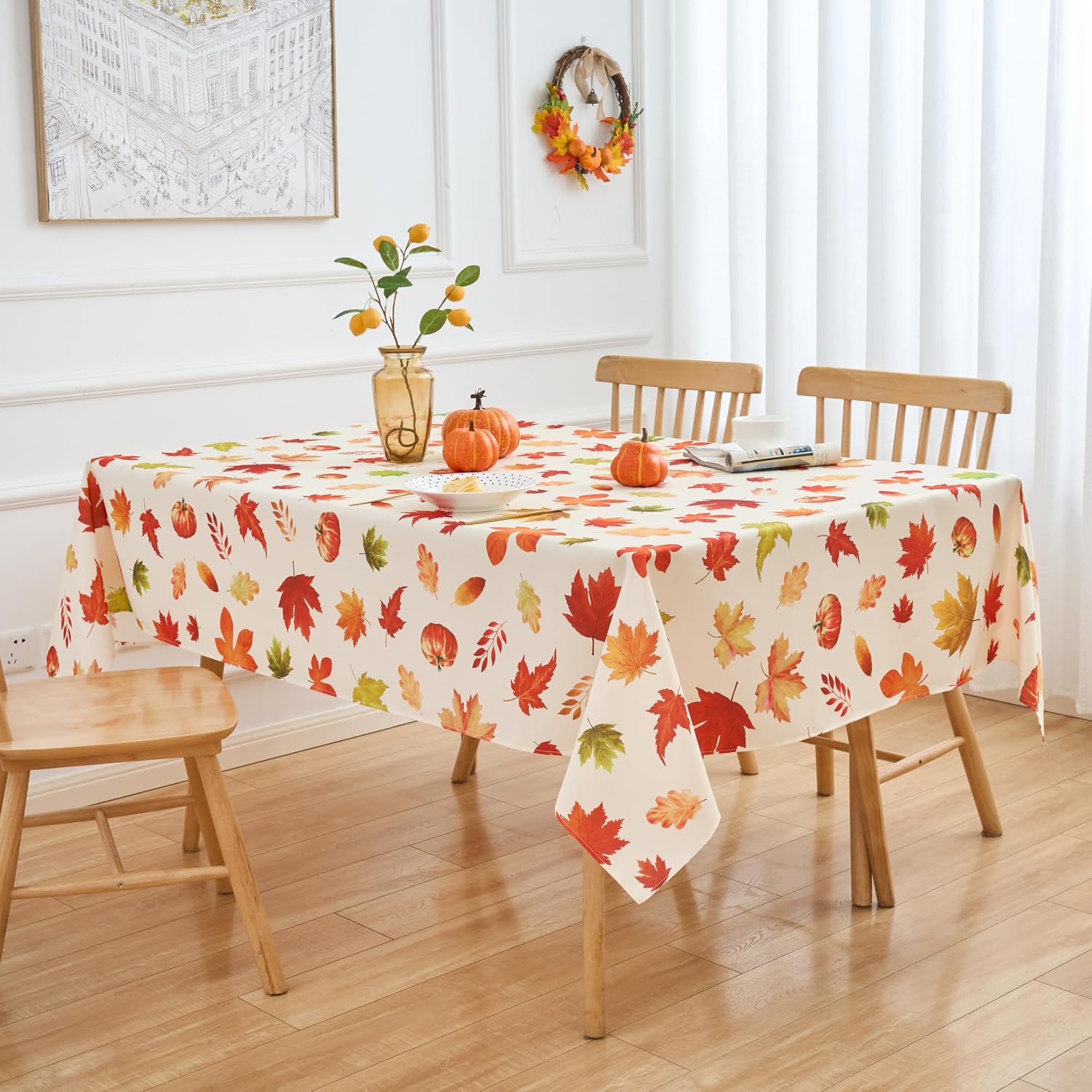 Fall Tablecloth Rectangle Fall Leaves Thanksgiving Pumpkins Table Cloth - 60 x 84 Oblong Polyester Autumn Harvest Seasonal Table Cover Washable Waterproof for Party Picnic Kitchen Dining Outdoor Décor