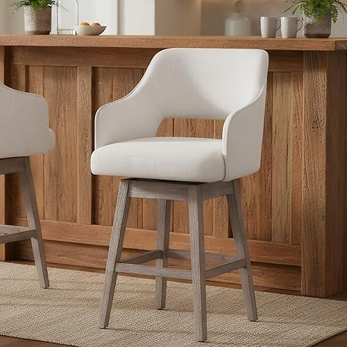 Miniatura 19 de Juego de 2 taburetes de bar giratorios de 360°, taburetes de bar de altura de mostrador de granja con respaldo y patas de madera, taburete tapizado