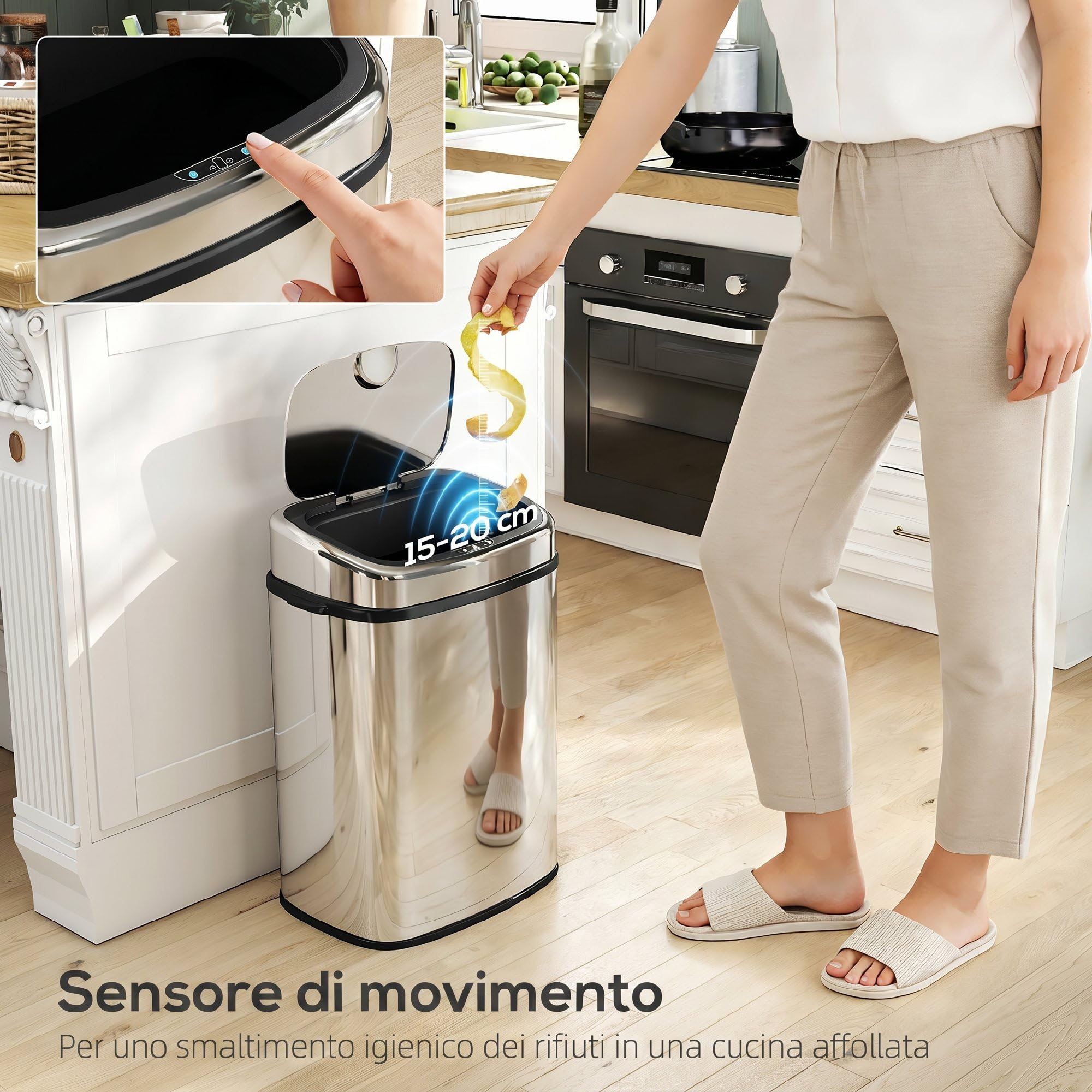 HOMCOM Pattumiera con Sensore a Infrarossi da 50L Acciaio Inox Argento | Cestino Automatico, 2 Modalità di Apertura, Superficie Anti-Impronte