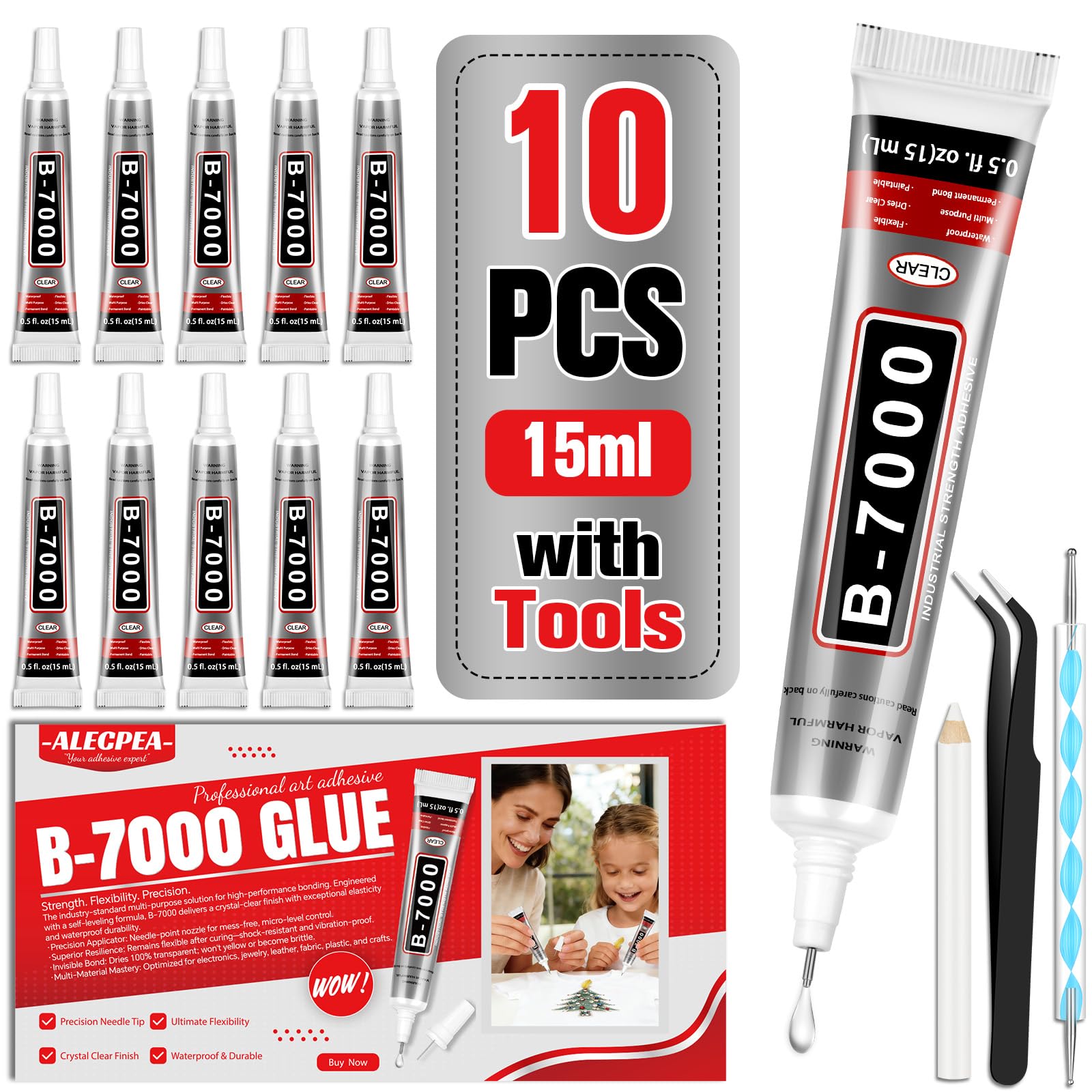 B7000 Glue 15ml 10 Pack with Rhinestone Tool Set, Bling DIY Kit for Nail Art, Phone Case, Shoes, Jewelry & Bedazzling Crafts