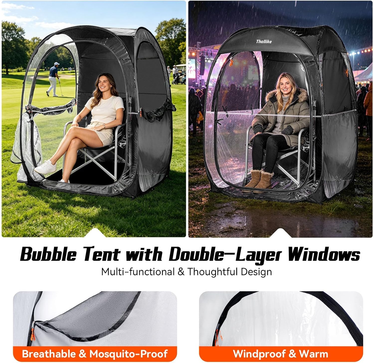 Oversized Pop Up Sports Tent, 47"x47"x63" Clear TPU Weather Pod, Portable Windproof & Rainproof Bubble Shelter for Cold Weather, Ideal for Stadium, Sideline, Soccer Games & Fishing (Black)