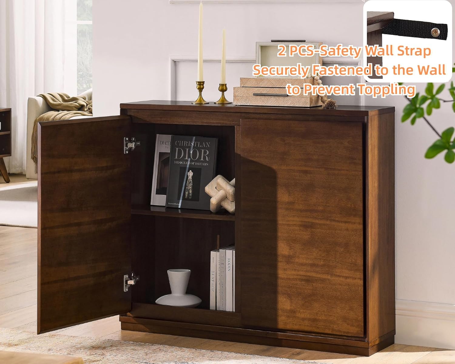 LKTART Sideboard with doors open, showing interior storage and a wall safety strap