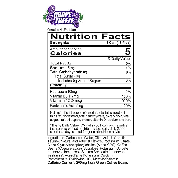 REDCON1 Energy High Performance Drink | Grape Freeze | Zero Sugar Energy Drink with Alpha GPC Nootropic, 200mg of Natural Caffeine, Vitamins B6, B12 & B5 to Boost Mood (12 ct)