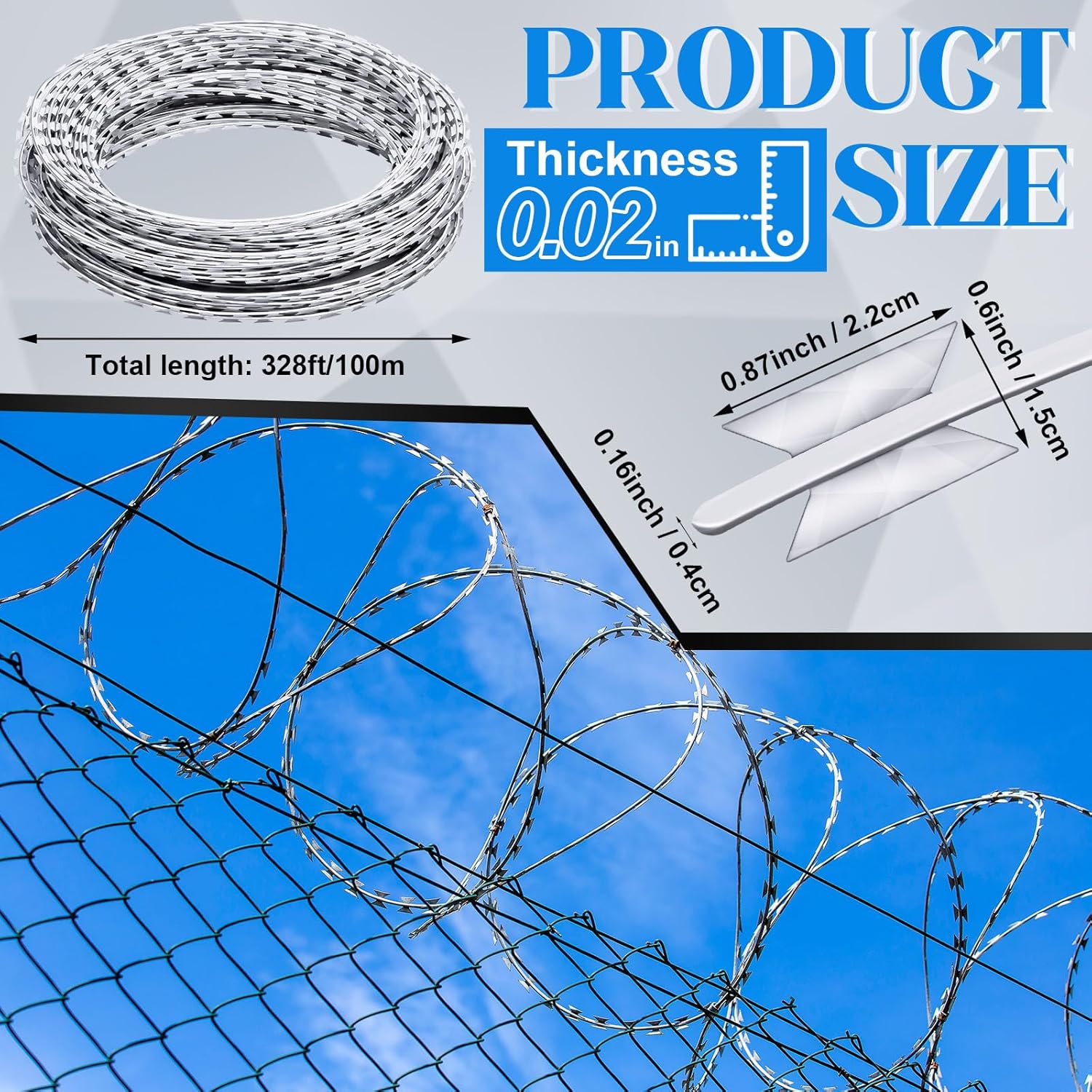Hoolerry 328Ft Razor Wire Fencing Concertina Barbed Wire Fence Galvanized Steel Razor with Protective Gloves for Garden Wall Farm Factory Back Yard Security