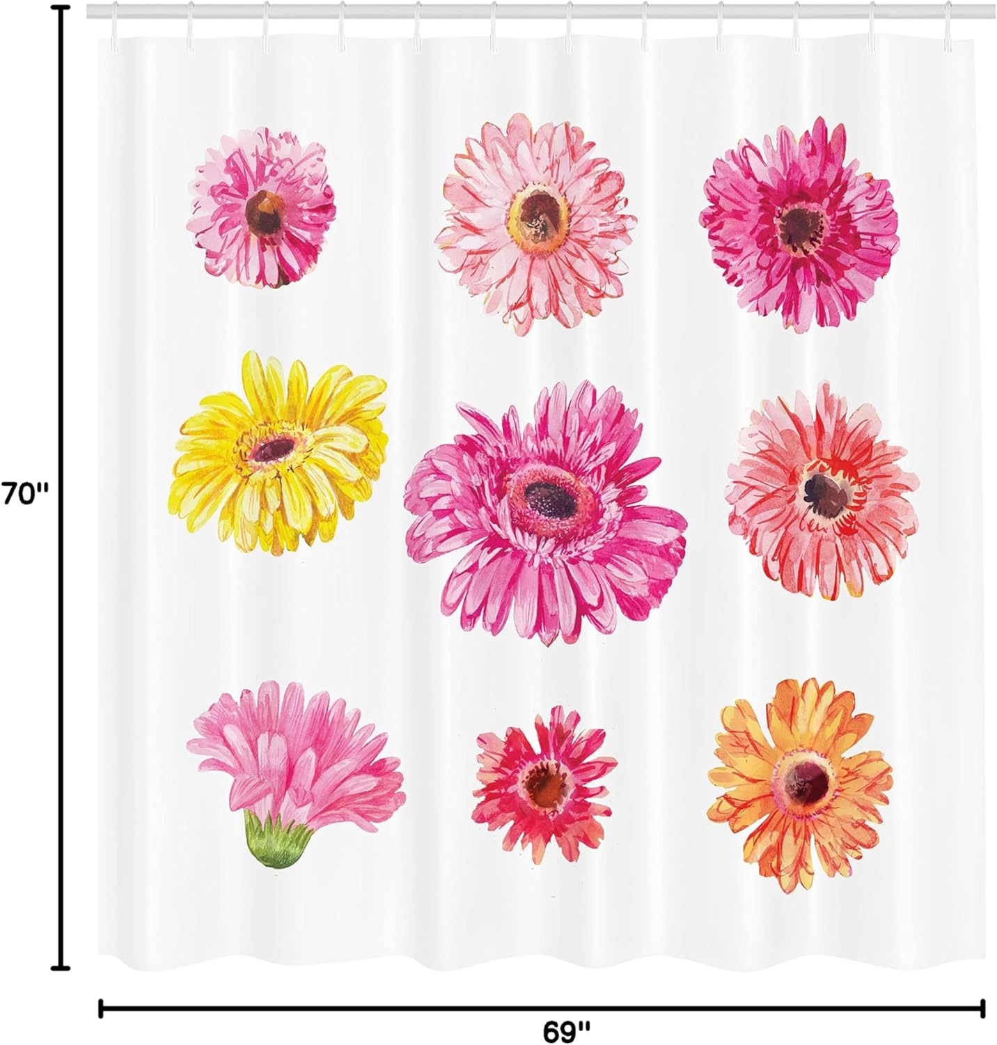 Ambesonne Daisy Shower Curtain, Gerbera Flower Heads in Pink and Yellow Shades Watercolor Aquarelle Art Floral, Cloth Fabric Bathroom Decor Set with Hooks, 69" W x 70" L, Multicolor