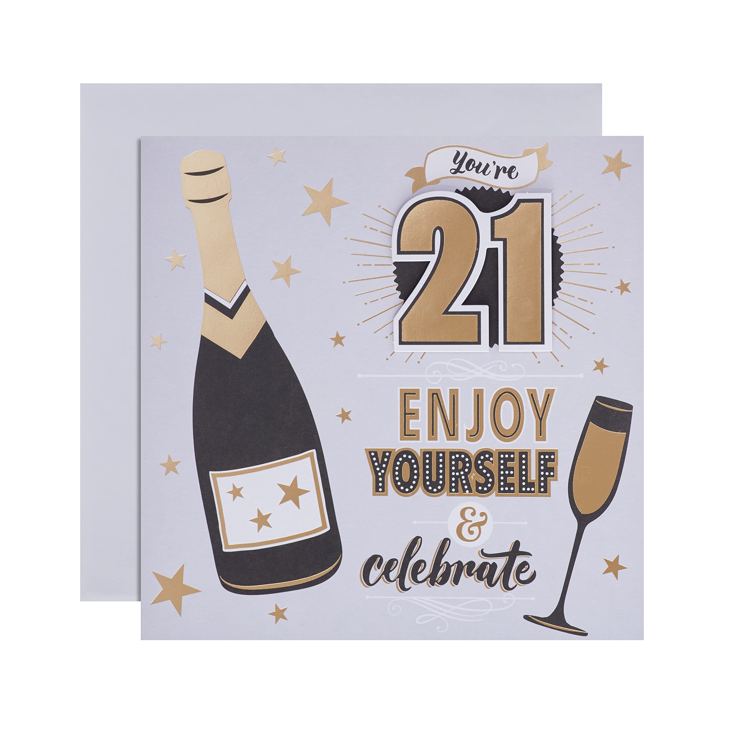 Hallmark 21st Birthday Card - Contemporary Illustrated Champagne and Text Design.