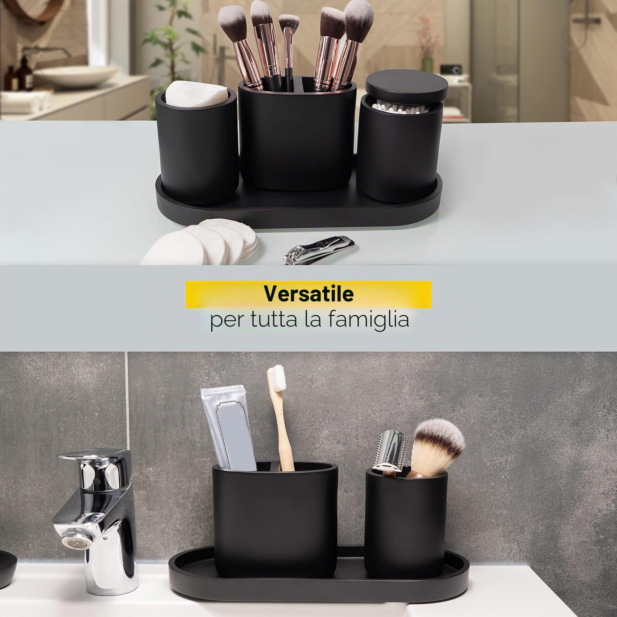 Set di accessori da bagno di alta qualità, 6 pezzi, nero opaco, come organizer per il bagno e decorazione, dispenser per sapone, contenitore per riporre i bicchieri, accessori da bagno