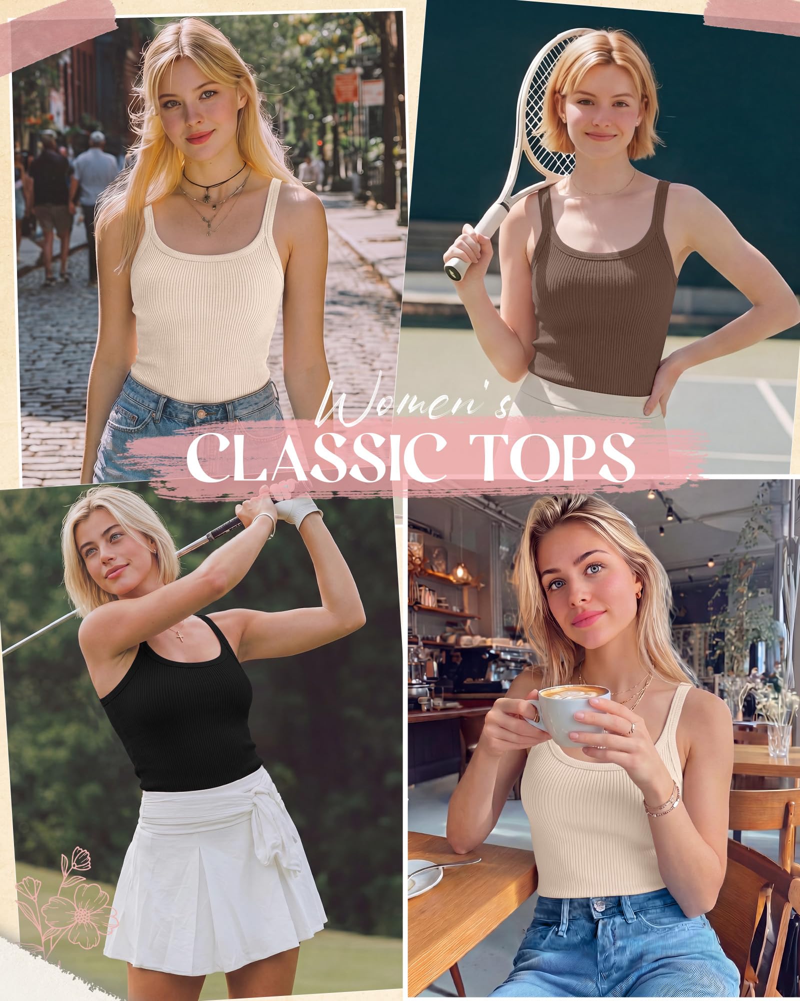 Neer Paquete de 3 camisetas sin mangas acanaladas con tirantes delgados para mujer, ajustadas, de algodón, cuello redondo, sin mangas, camisola básica de punto