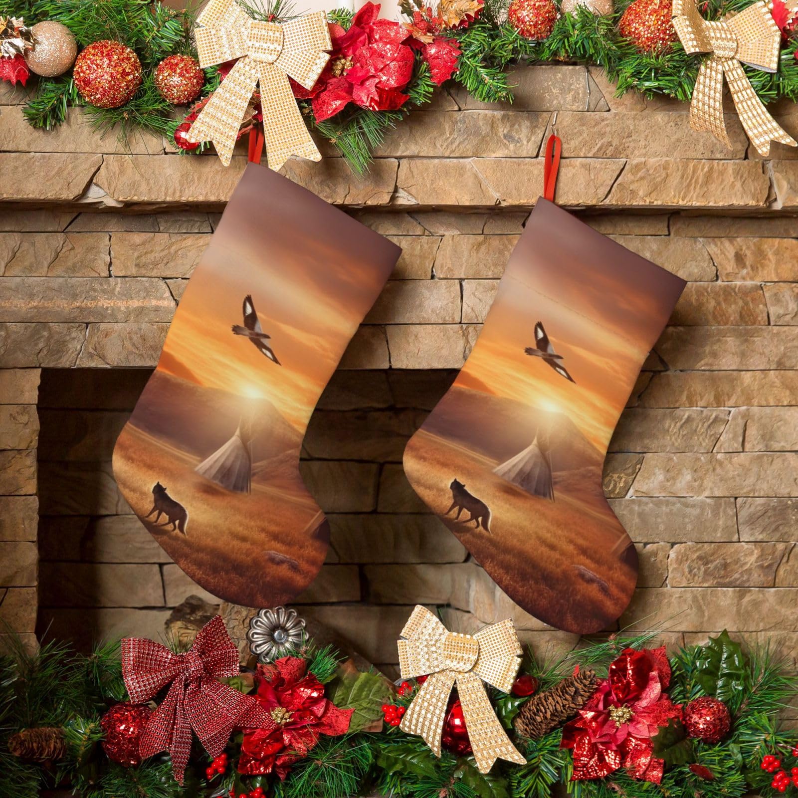 KLOPH Christmas Stockings 18" Personalized Xmas Stocking Native American Tribes Decoration Stocking Hanging Fireplace Stocking for Holiday Xmas Tree Christmas Fireplace Decor