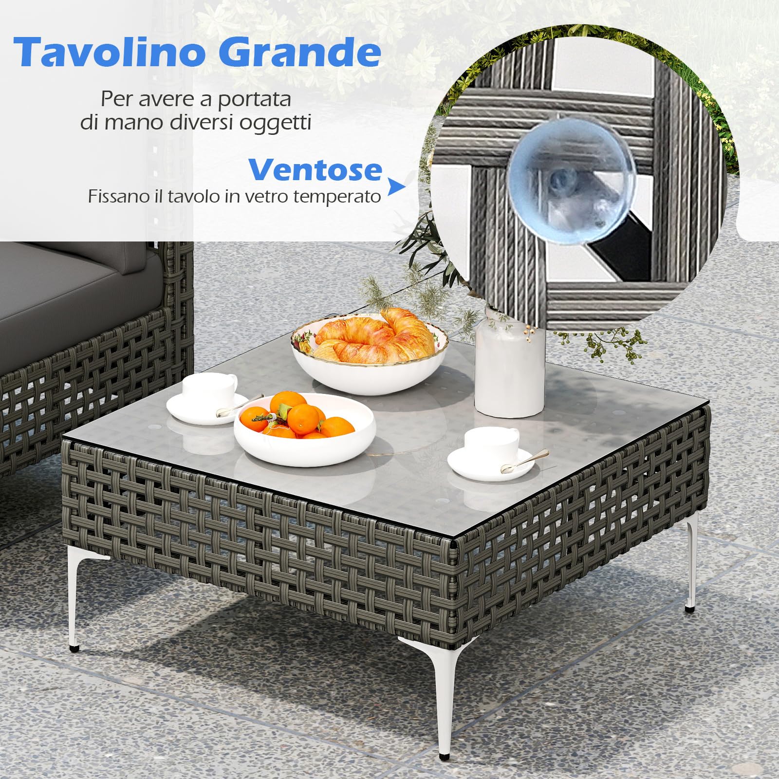 COSTWAY Tavolino e 2 Sedie da Giardino, Set da Conversazione in Rattan con Cuscini e Tavolino in Vetro Temperato, Set da Bistrò per Veranda, Balcone e Cortile (Stile 1)
