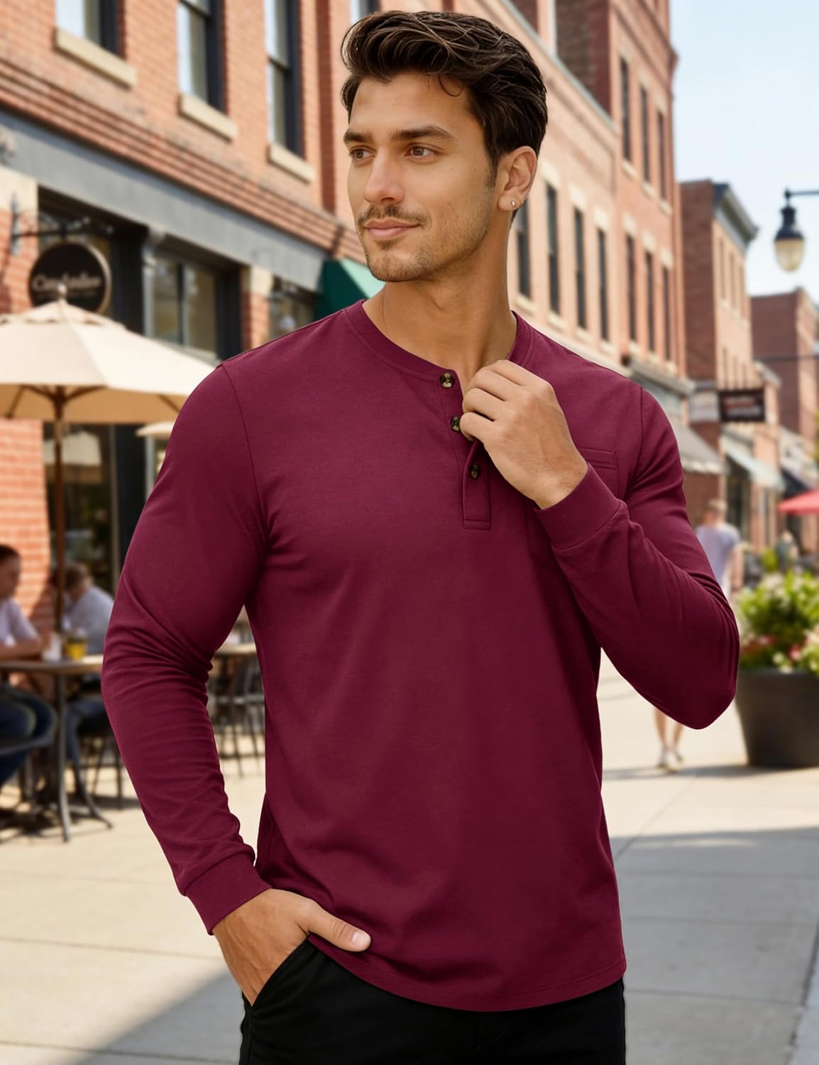 MAGNIVIT Mens Henley Shirts Long Sleeve with Pocket Fall Cotton Casual T-Shirts Plain Moisture Wicking Tee with 3 Button - Image 3