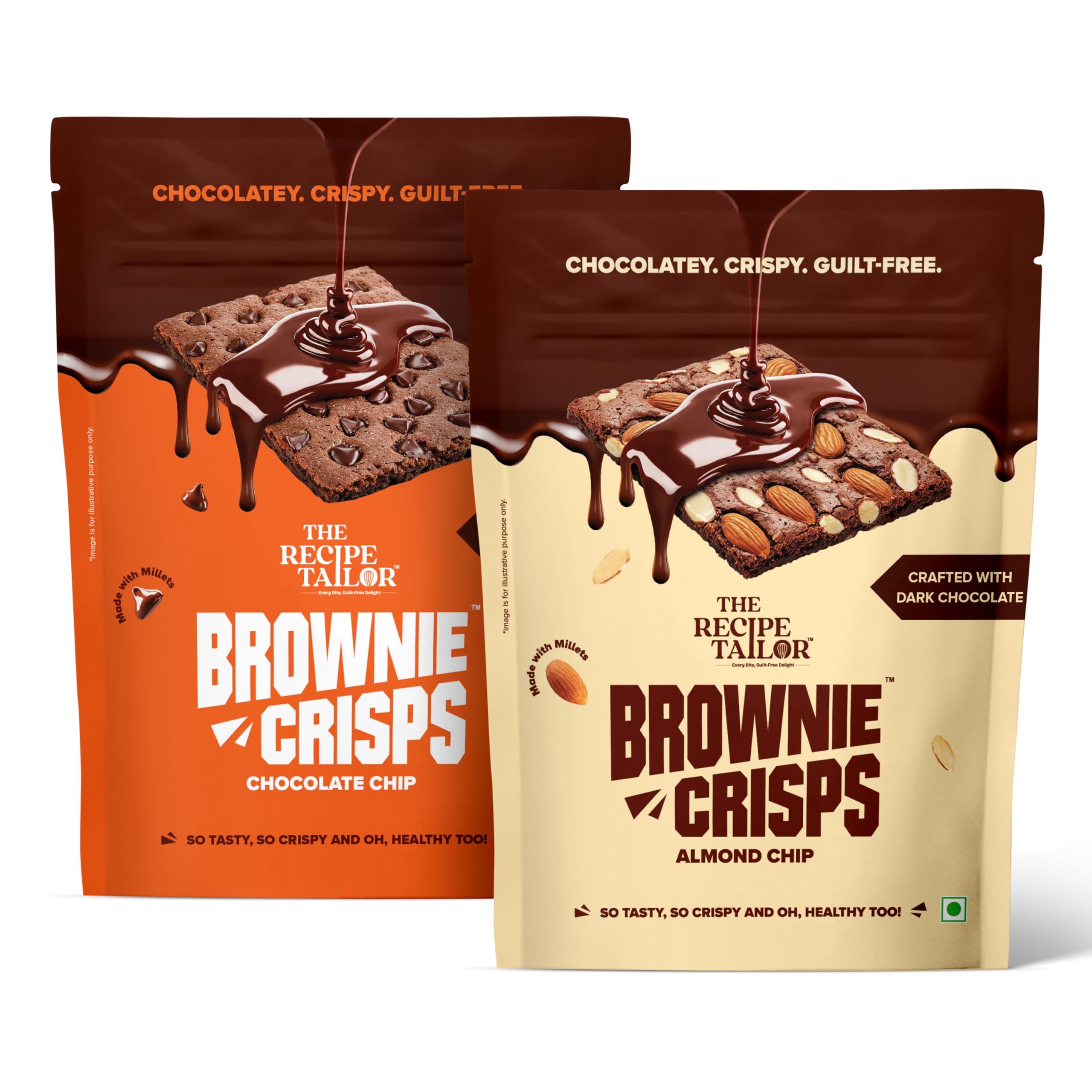 Brownie Crisps Combo by The Recipe Tailor | Best Tasting Healthy Dessert Snack | Made with Jowar | No Maida, No Refined Sugar, No Preservatives | Pack of 2 (Chocolate Chips + Almond Chips) (50g each)-image-31