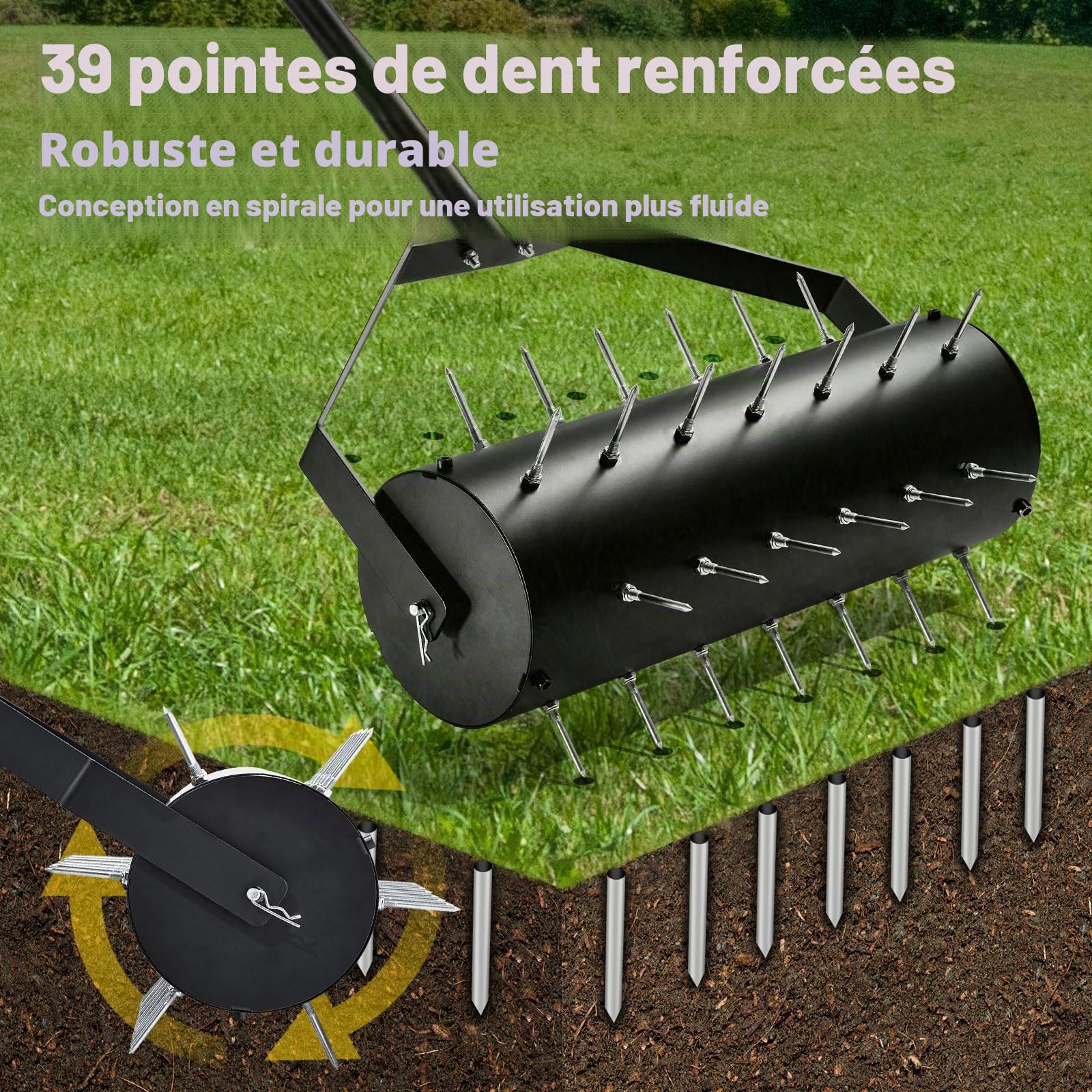 Aérateur de pelouse, manuel, aérateur de pelouse, rouleau de gazon avec 39 clous (6 cm) et manche, scarificateur manuel pour cours, surfaces de pelouse dans le jardin (44 cm x 141 cm/93,5 cm)