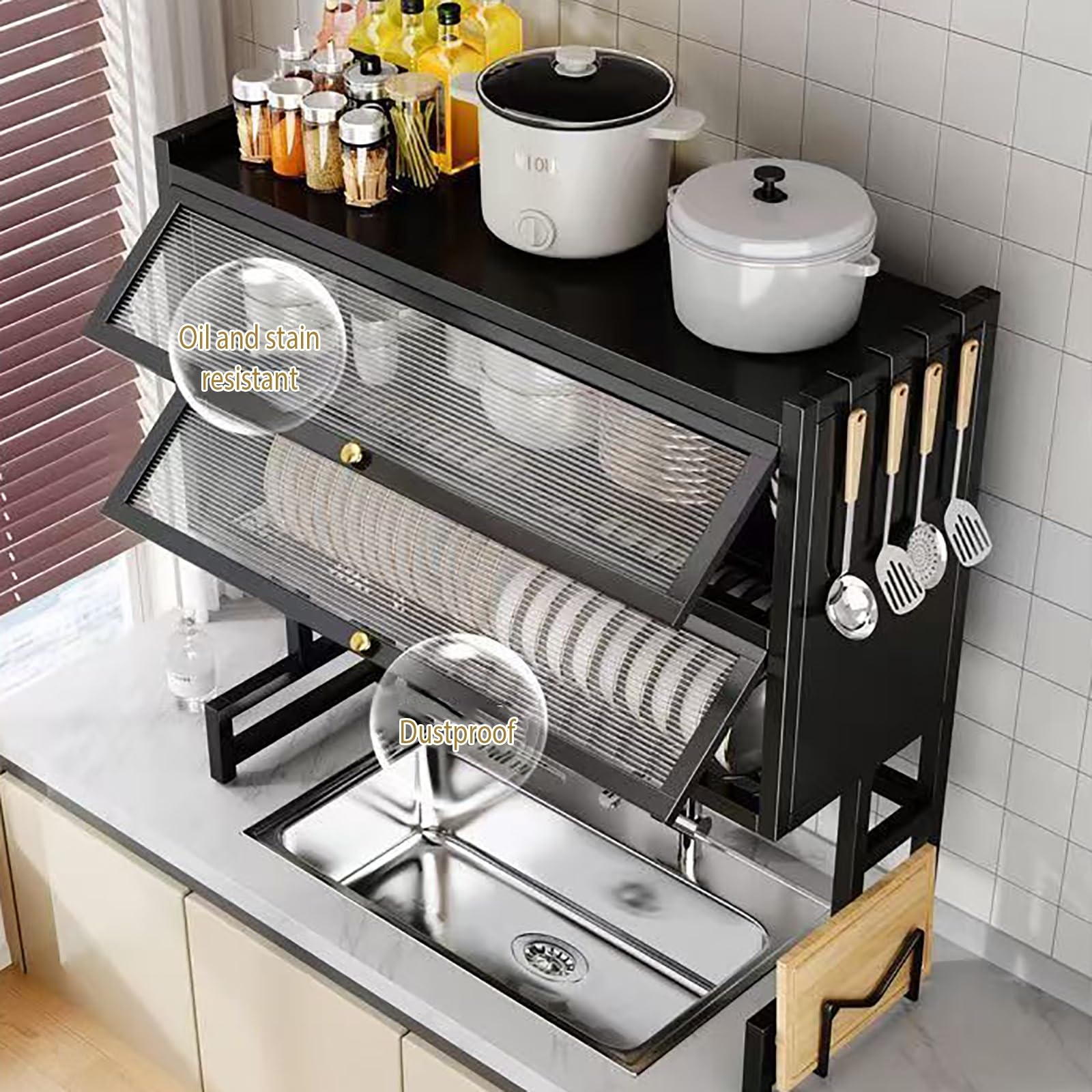 Soporte para utensilios de cocina de 2 niveles, estante de almacenamiento de platos de encimera, diseño de doble capa para organizar platos, vasos, cuencos y cubiertos
