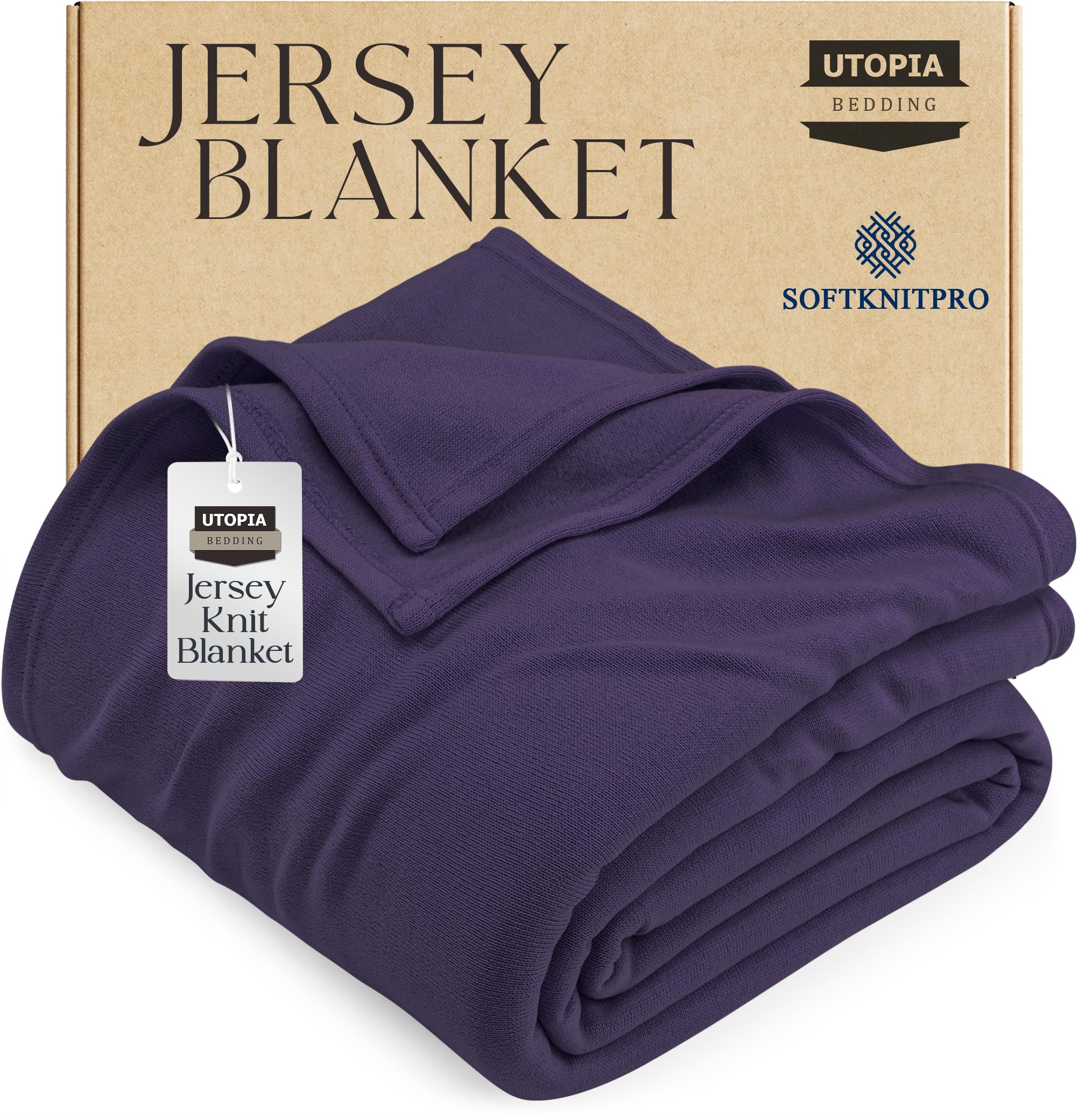 utopia bedding knit blanket queen size (90x90 inches, purple) soft lightweight jersey breathable sweatshirt blanket for bed,couch & sofa