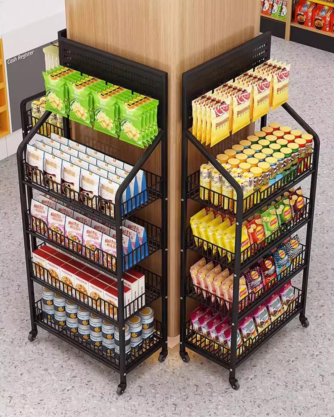 Supermarket półka na przekąski z poręczą, 4-poziomowy organizer na żetony do sklepów, biura, teatru, koncesji, przenośny stojak ekspozycyjny z uniwersalnymi kółkami