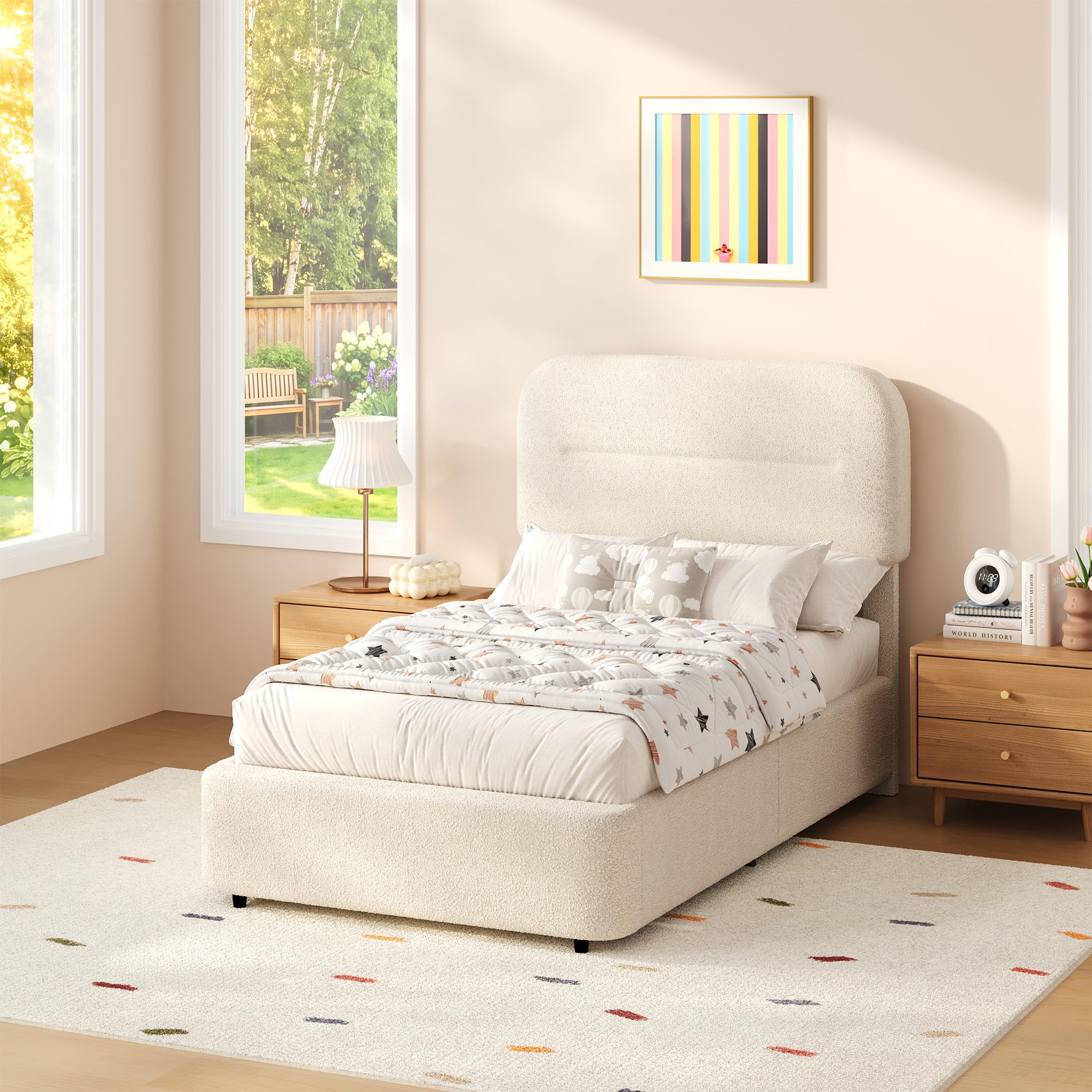 HOMBCK Twin Bed Frame, Cream Boucle Upholstered Platform Bed
