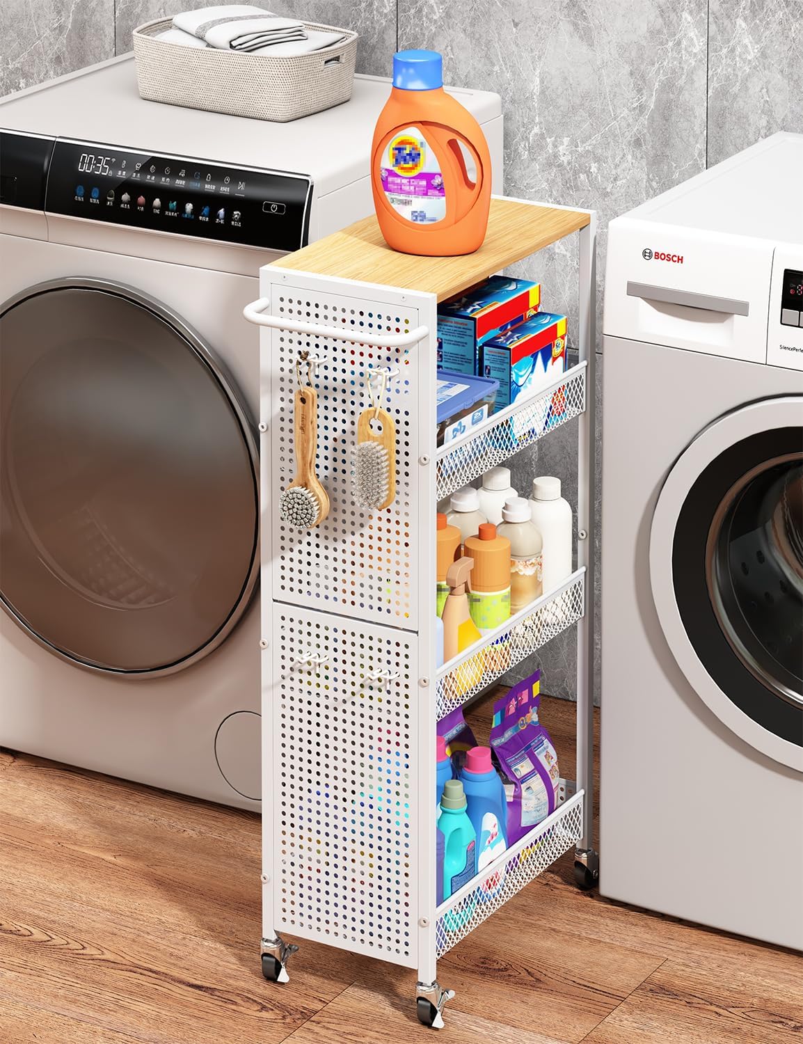 Utility Slim Storage Cart 4 Tier Small Rolling Kitchen Laundry Room Organization Cart with Wood Top Metal Narrow Laundry Room Shelves Cabinet Unit Laundry Organizer Trolley with Handle for Small space White 9.1 inch wide