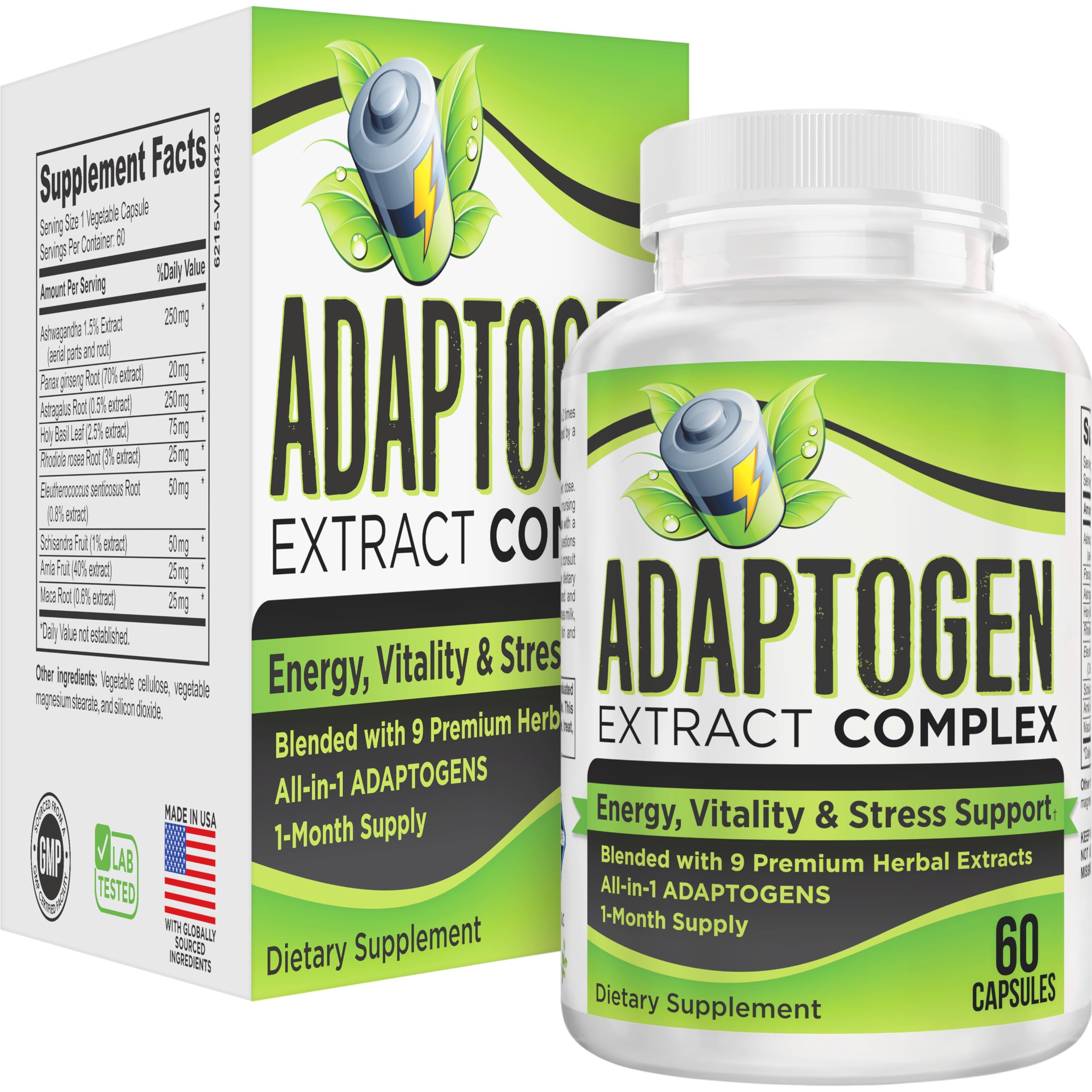 Elevate Recovery Supplements Adaptogens (All-in-1) Supplement Extract Blend with 9 Active Adaptogenic Herbs - Adaptogen - Adaptogen Complex - Easy to Swallow - 60 Capsules