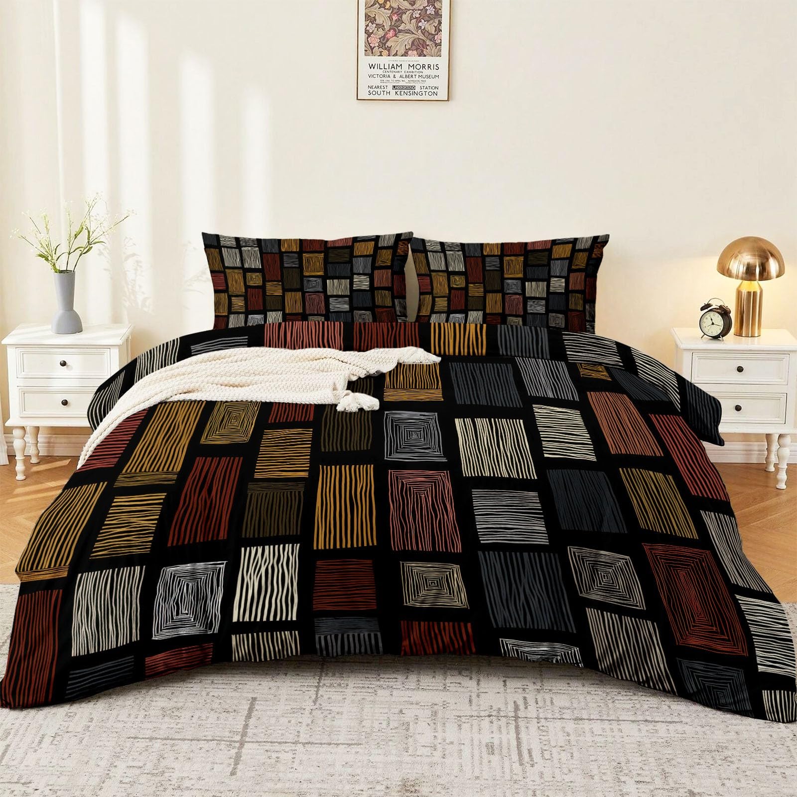 Set copripiumino bohémien, multicolore in microfibra, 200 x 200 cm, reversibile, a righe astratte, con 2 federe, morbido, per bambini e adulti