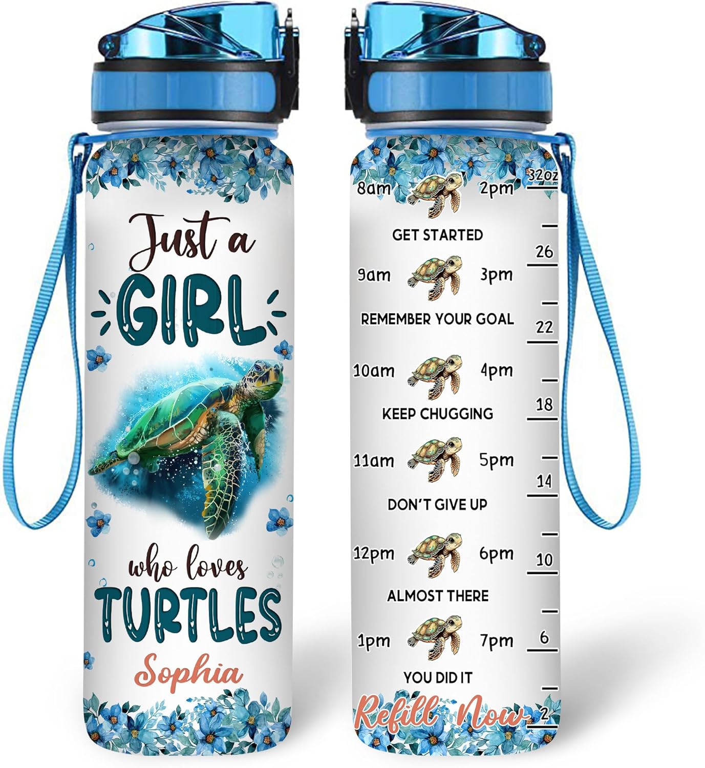 Hyturtle Personalized Turtle Lovers 32 Oz 1Liter Motivational Water Bottle With Time Marker, Just A Girl Who Loves Turtles, Animal Lovers Gifts For Women, Girl On Birthday, Christmas
