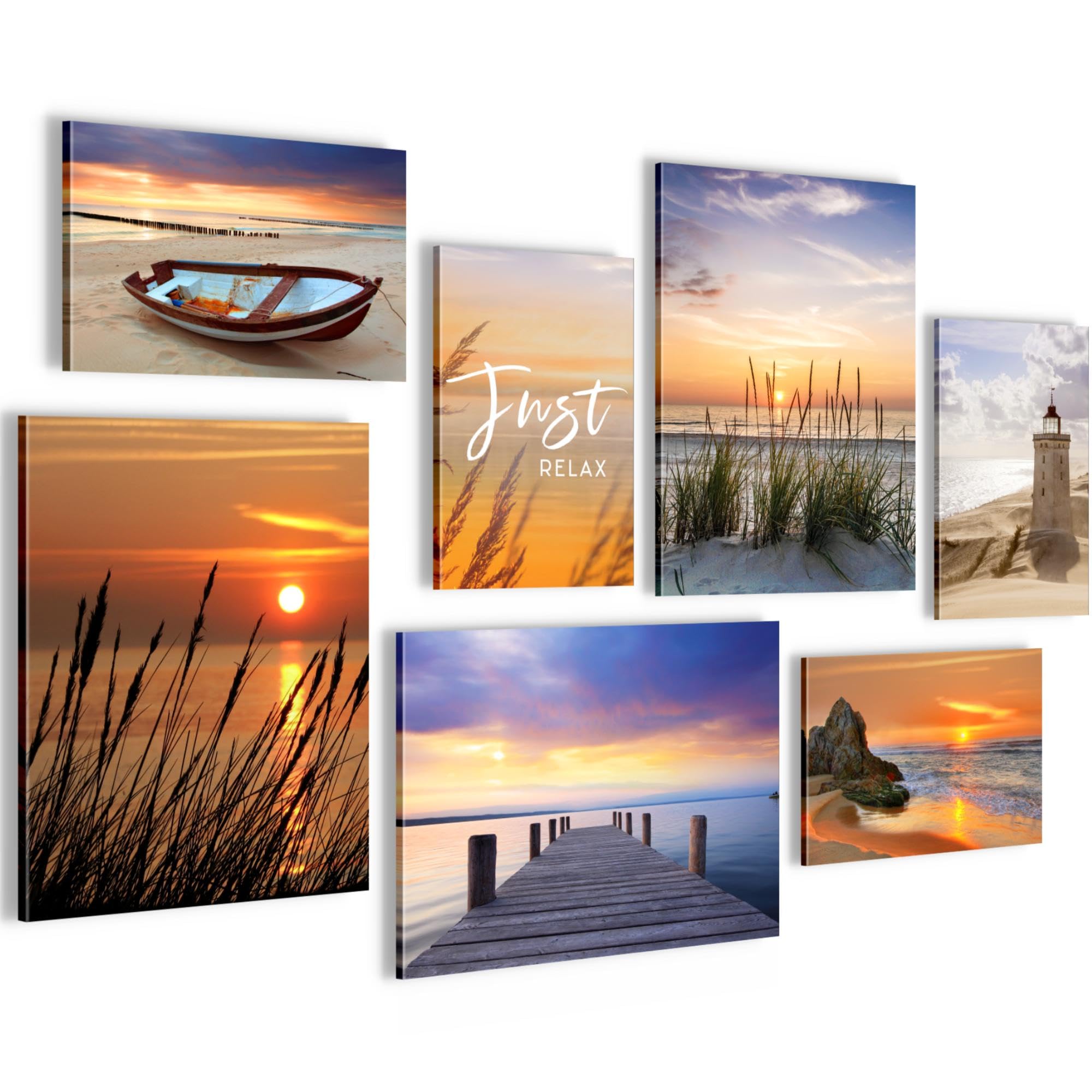Novart Wandbilder See Berge Landschaft - KOMPLETT AUFHÄNGFERTIG - Sonnenuntergang Wohnzimmer Schlafzimmer Flur - 7 Moderne Mood-Bilder - N029571a