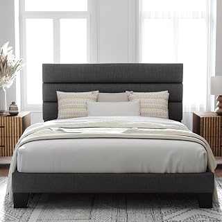 Allewie Queen Platform Bed Frame with Upholstered Headboard, No Box Spring Needed, Sturdy Slats, Easy Assembly - Dark Grey
