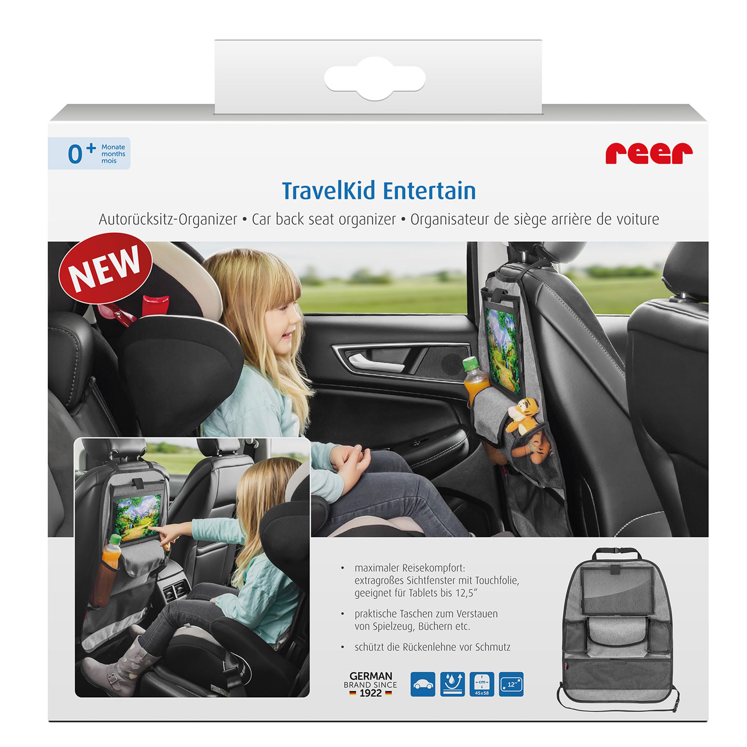 Reer 86051 Organizador para Asiento Trasero De Coche con Compartimento para Tableta, Color Gris, 1000 ml