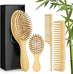 Conjunto de escovas de cabelo de bambu, 4 peças, pentes de madeira natural, escova de cabelo desembaraçadora, pente de dentes largos e cauda e mini escova de pá para viagens, adequado para mulheres e